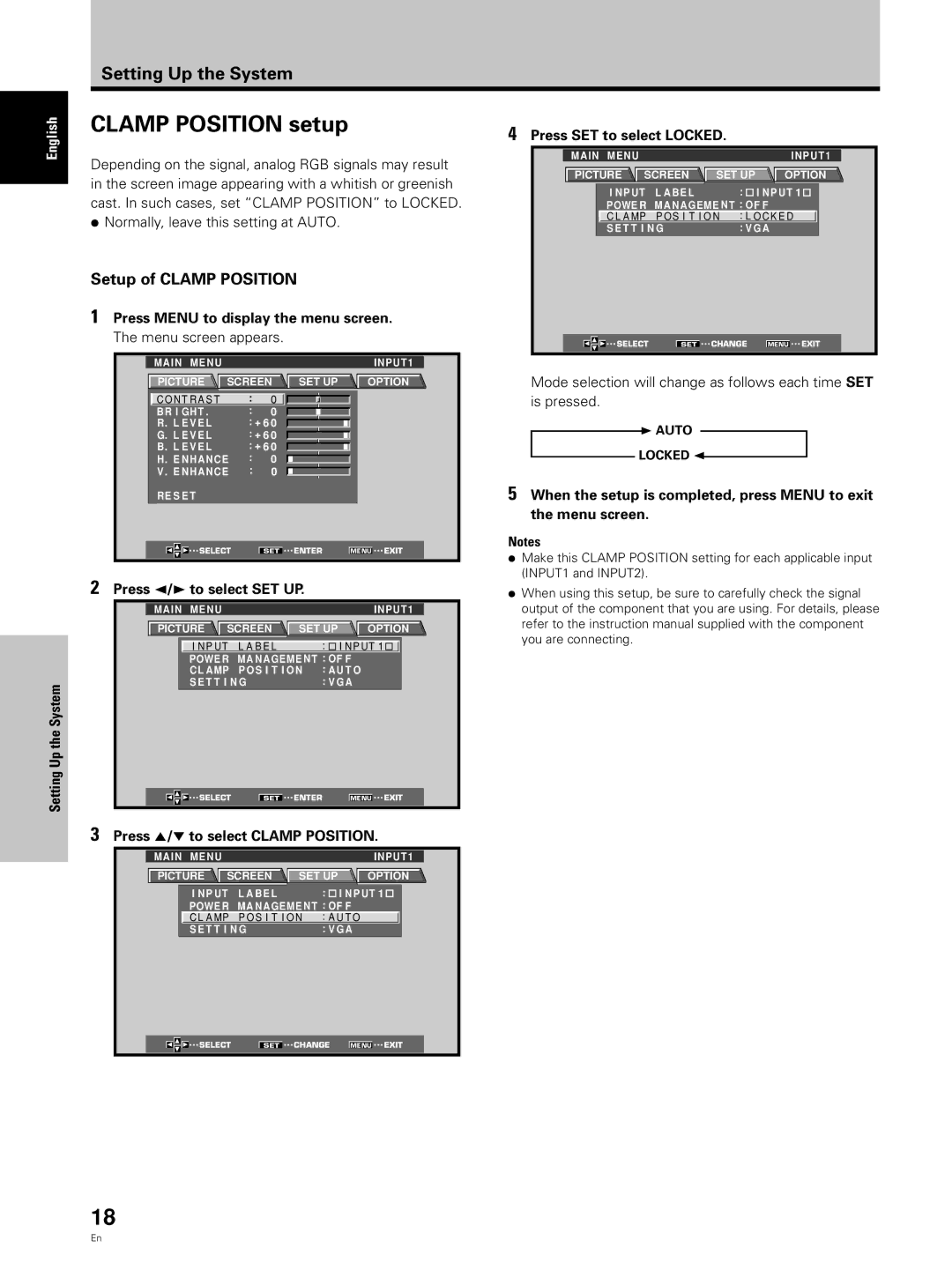 Pioneer PDP 503CMX Clamp Position setup, Setup of Clamp Position, Setting Up the System, Press SET to select Locked 