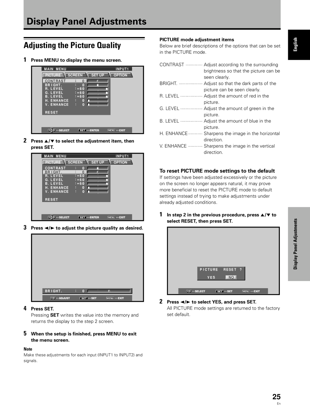 Pioneer PDP 433CMX Display Panel Adjustments, Adjusting the Picture Quality, To reset Picture mode settings to the default 