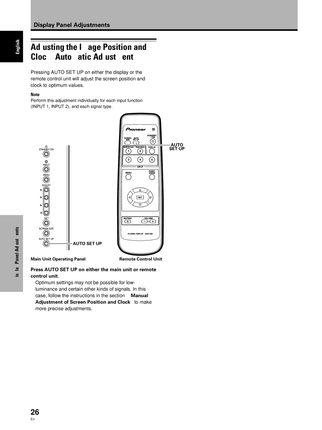 Pioneer PDP 503CMX, PDP 433CMX Adjusting the Image Position and Clock Automatic Adjustment, Display Panel Adjustments 