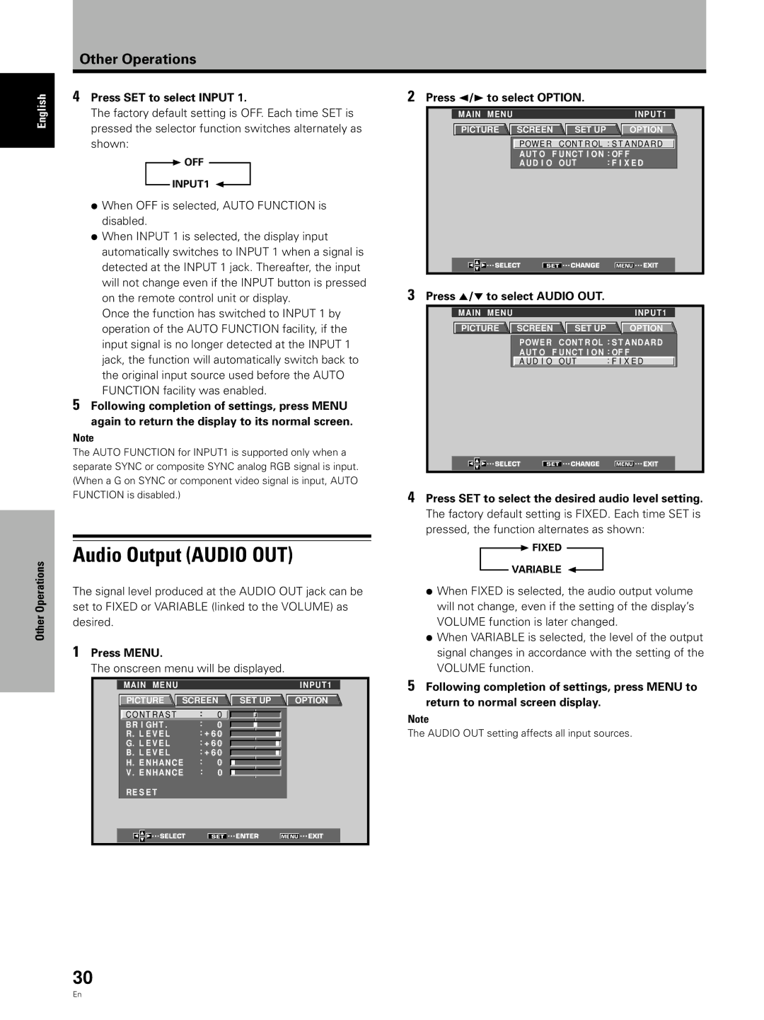 Pioneer PDP 503CMX Audio Output Audio OUT, Other Operations Press SET to select Input, Press 5/∞ to select Audio OUT 