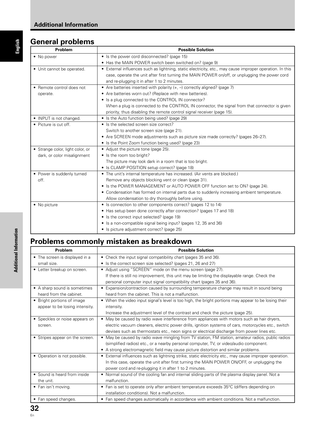 Pioneer PDP 503CMX, PDP 433CMX specifications General problems, Problems commonly mistaken as breakdown 