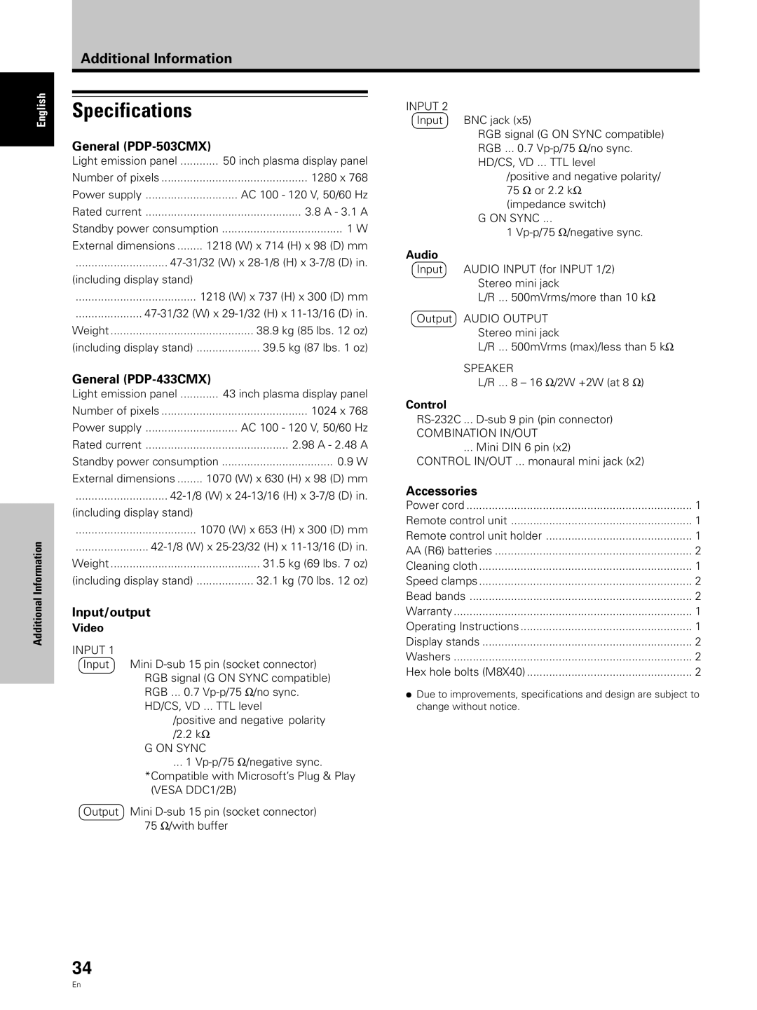 Pioneer PDP 503CMX, PDP 433CMX specifications General PDP-503CMX, General PDP-433CMX, Accessories, Input/output 