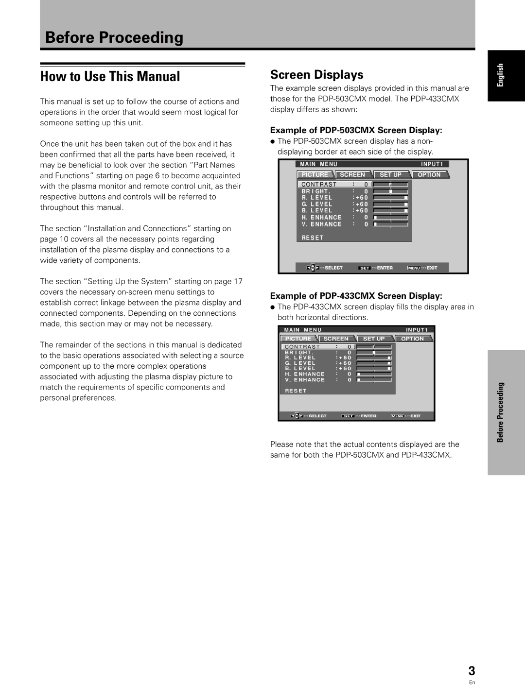 Pioneer PDP 433CMX Before Proceeding, How to Use This Manual, Screen Displays, Example of PDP-503CMX Screen Display 