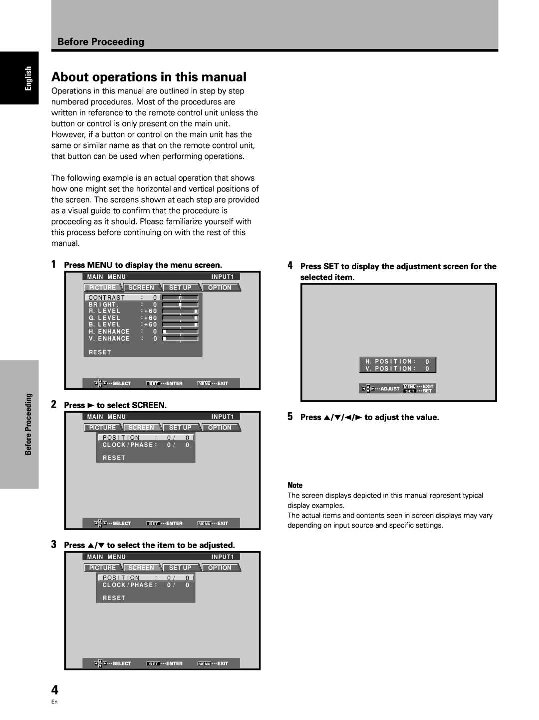 Pioneer PDP 503CMX, PDP 433CMX Before Proceeding, Press MENU to display the menu screen, Press 3 to select SCREEN 