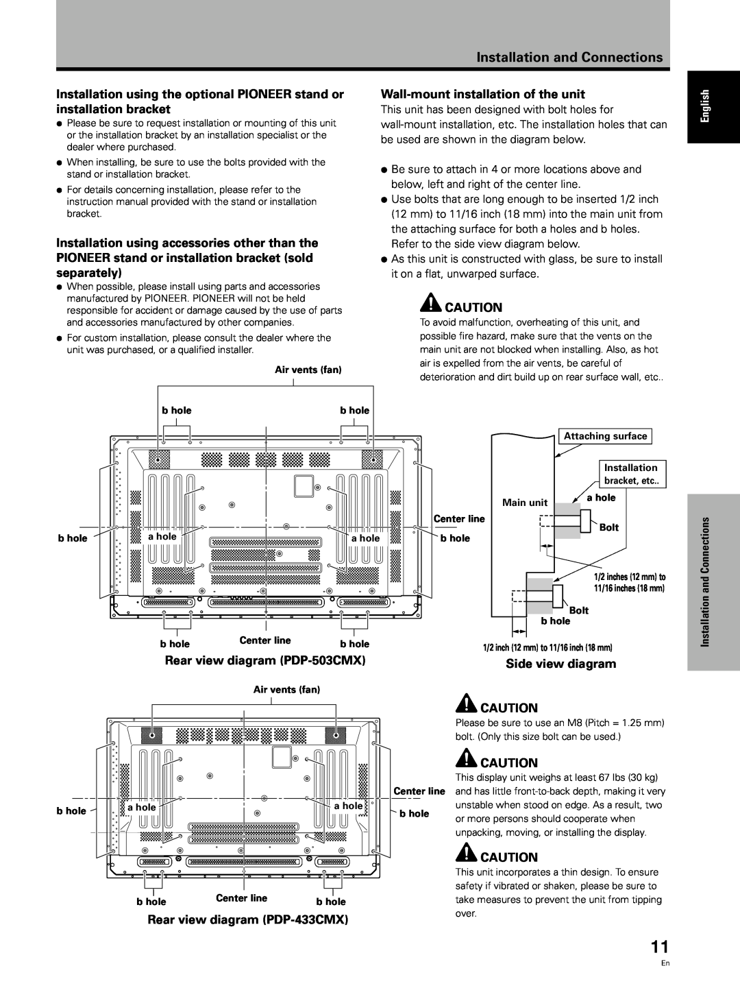 Pioneer PDP 433CMX Installation using the optional PIONEER stand or installation bracket, Rear view diagram PDP-503CMX 