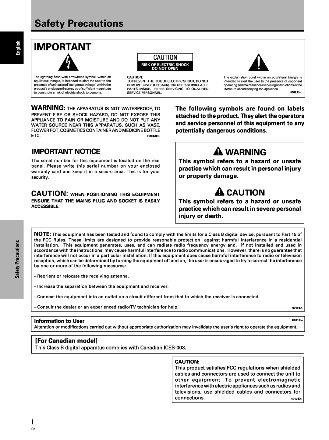 Pioneer PDP 503CMX, PDP 433CMX specifications Safety Precautions, Important Notice 