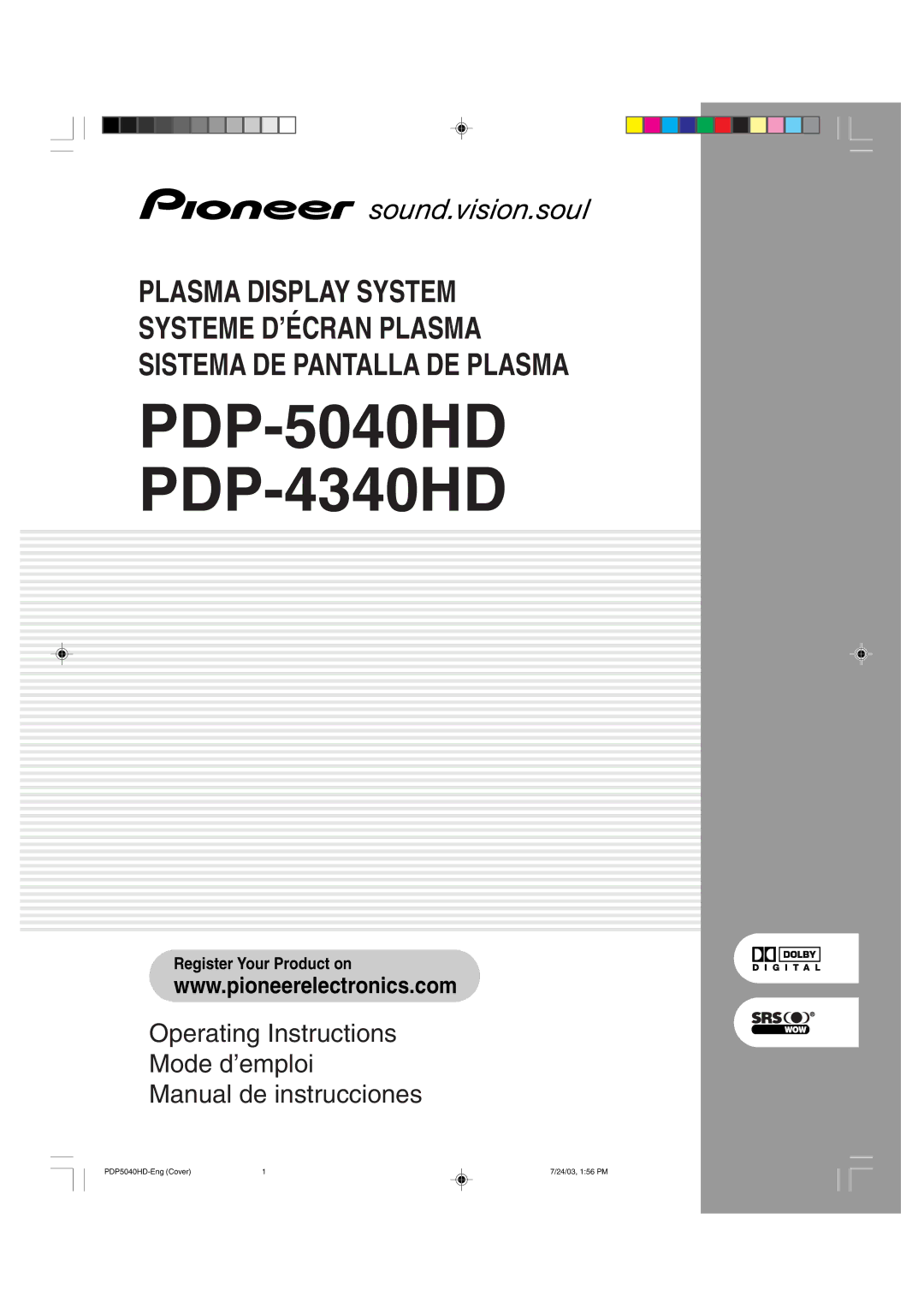 Pioneer PDP 4340HD, PDP 5040HD manual PDP-5040HD PDP-4340HD 