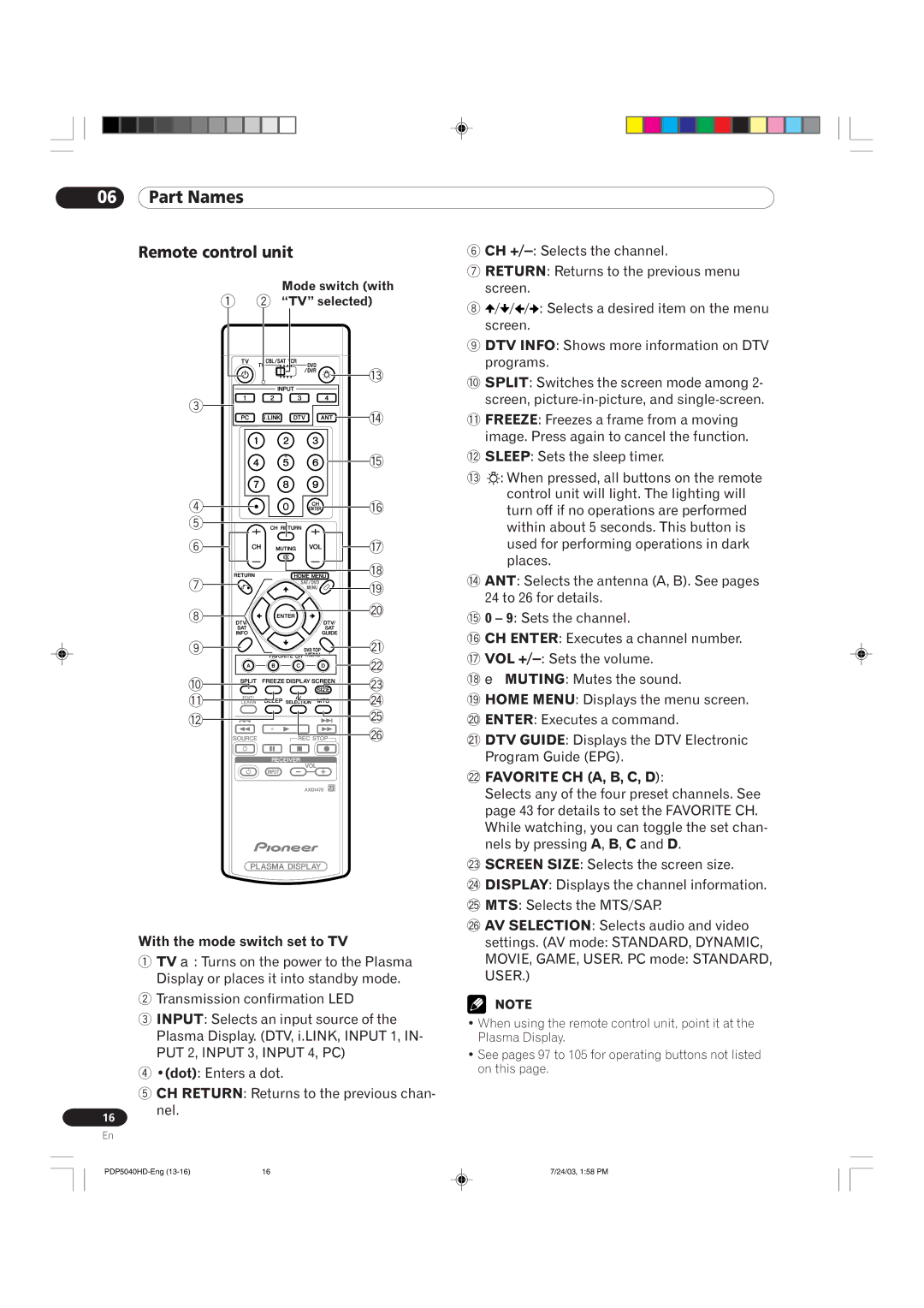 Pioneer PDP 5040HD, PDP 4340HD manual Remote control unit, With the mode switch set to TV, Mode switch with TV selected 