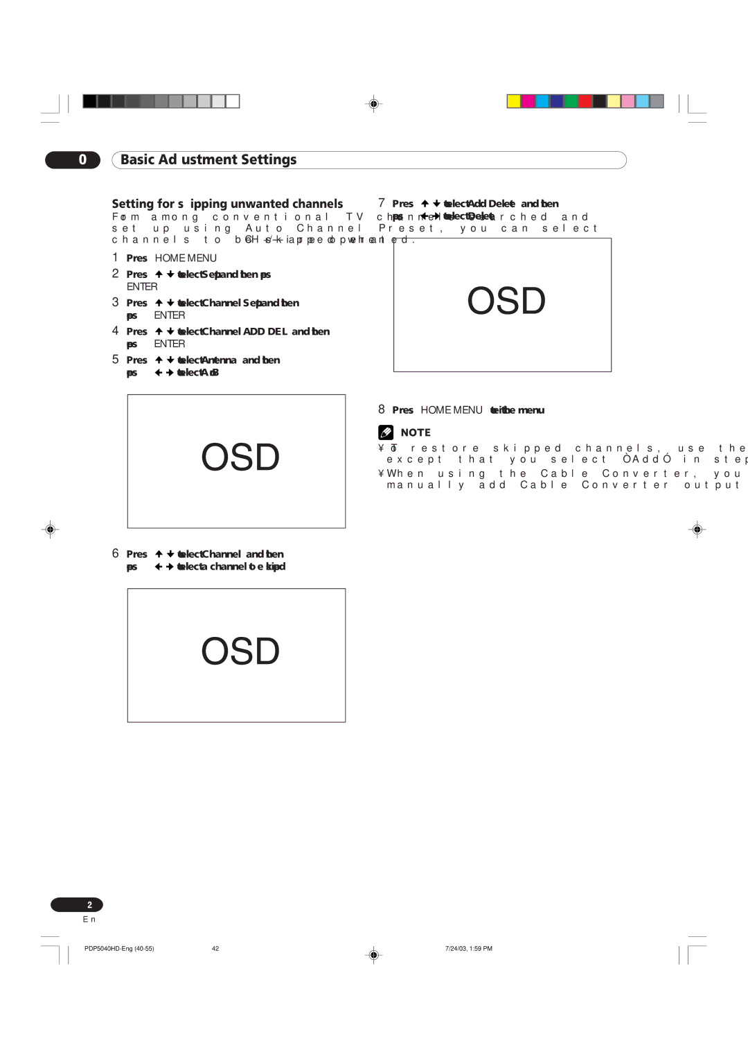 Pioneer PDP 5040HD, PDP 4340HD manual Setting for skipping unwanted channels 