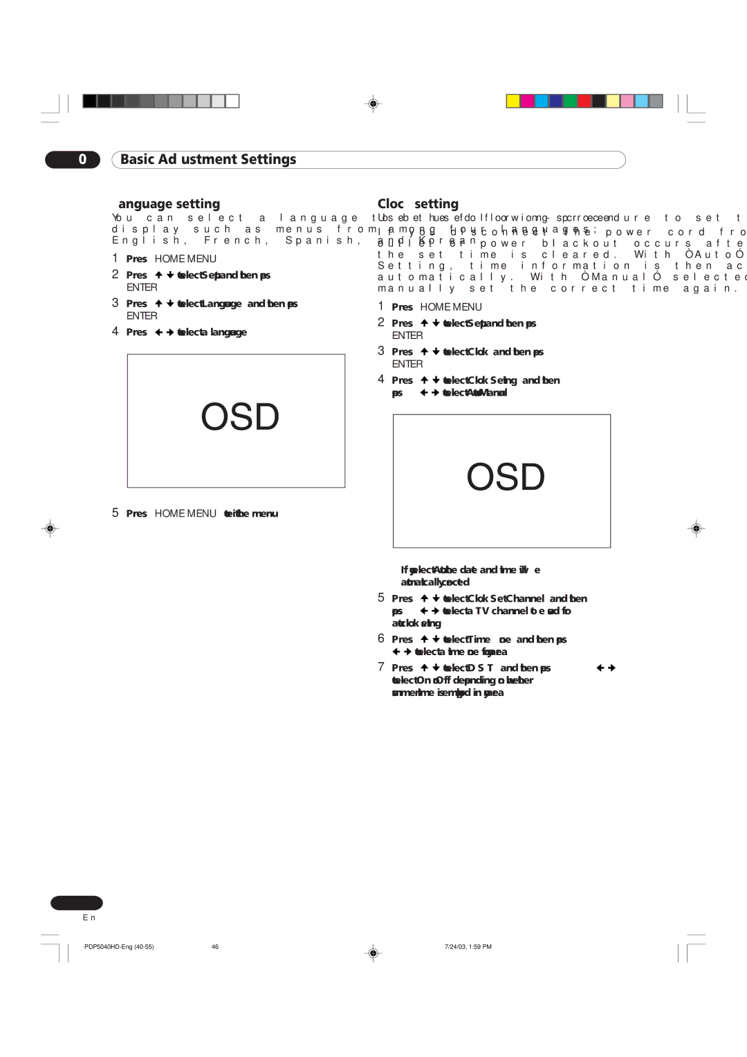 Pioneer PDP 5040HD, PDP 4340HD manual Language setting, Clock setting 