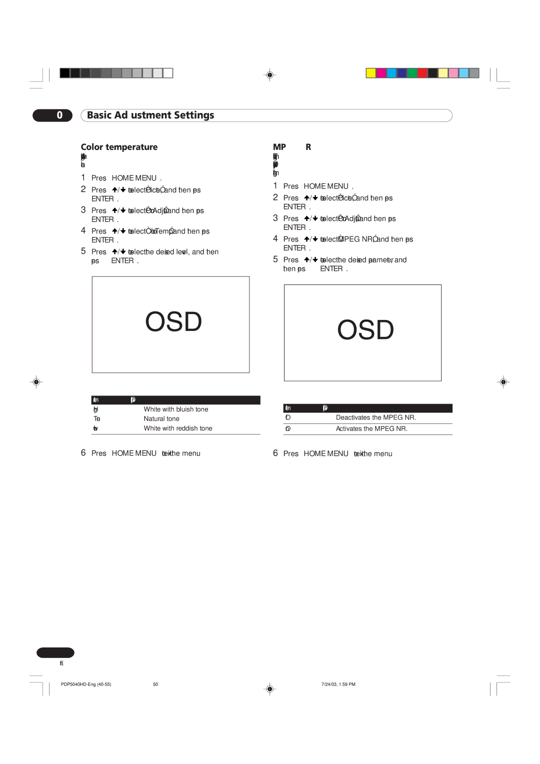 Pioneer PDP 5040HD, PDP 4340HD manual Color temperature, Mpeg NR 