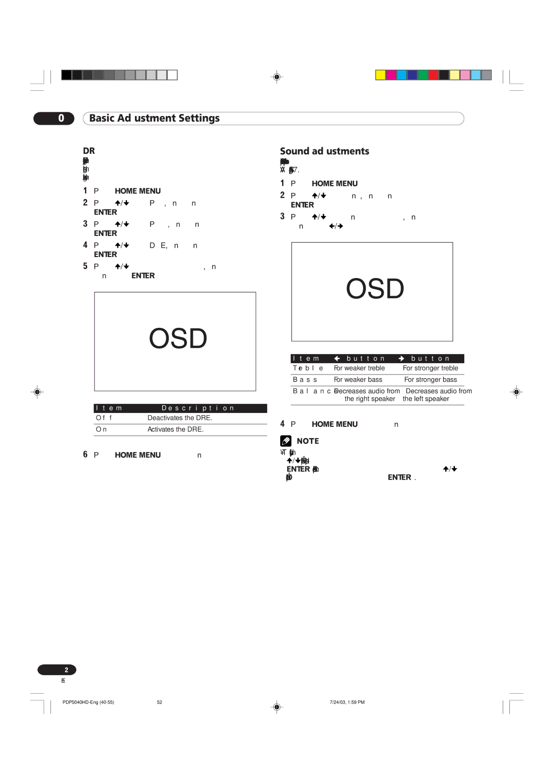 Pioneer PDP 5040HD, PDP 4340HD manual Sound adjustments, Dre 