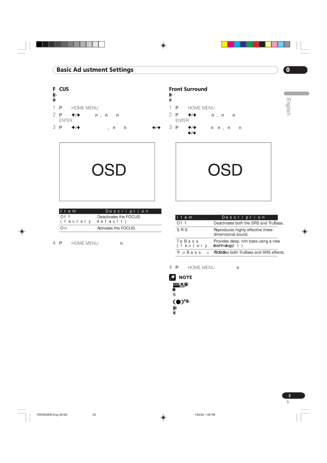 Pioneer PDP 4340HD, PDP 5040HD manual Focus, Front Surround 