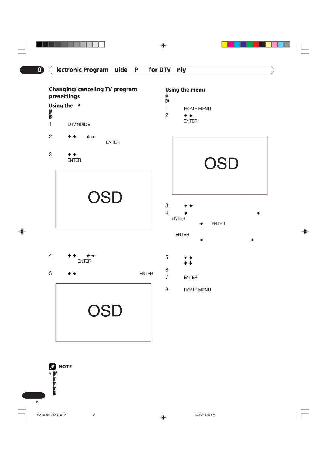 Pioneer PDP 5040HD, PDP 4340HD manual Changing/ canceling TV program, Presettings, Using the menu, Using the EPG 