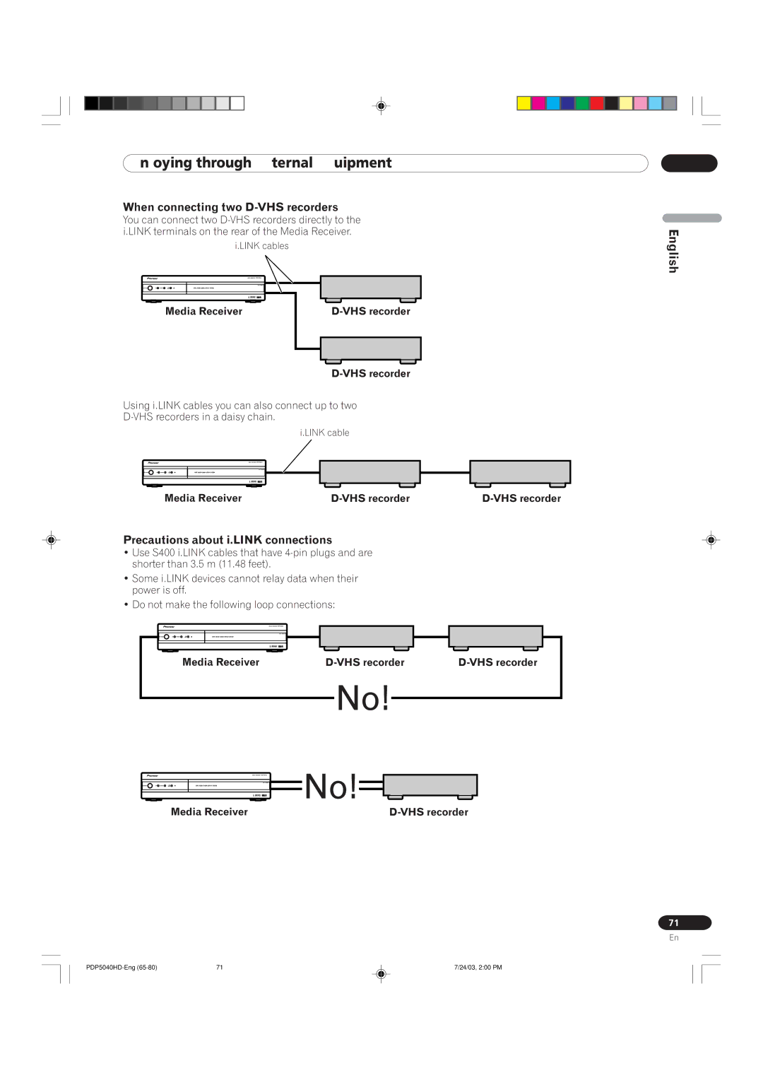 Pioneer PDP 4340HD When connecting two D-VHS recorders, Precautions about i.LINK connections, Media Receiver VHS recorder 
