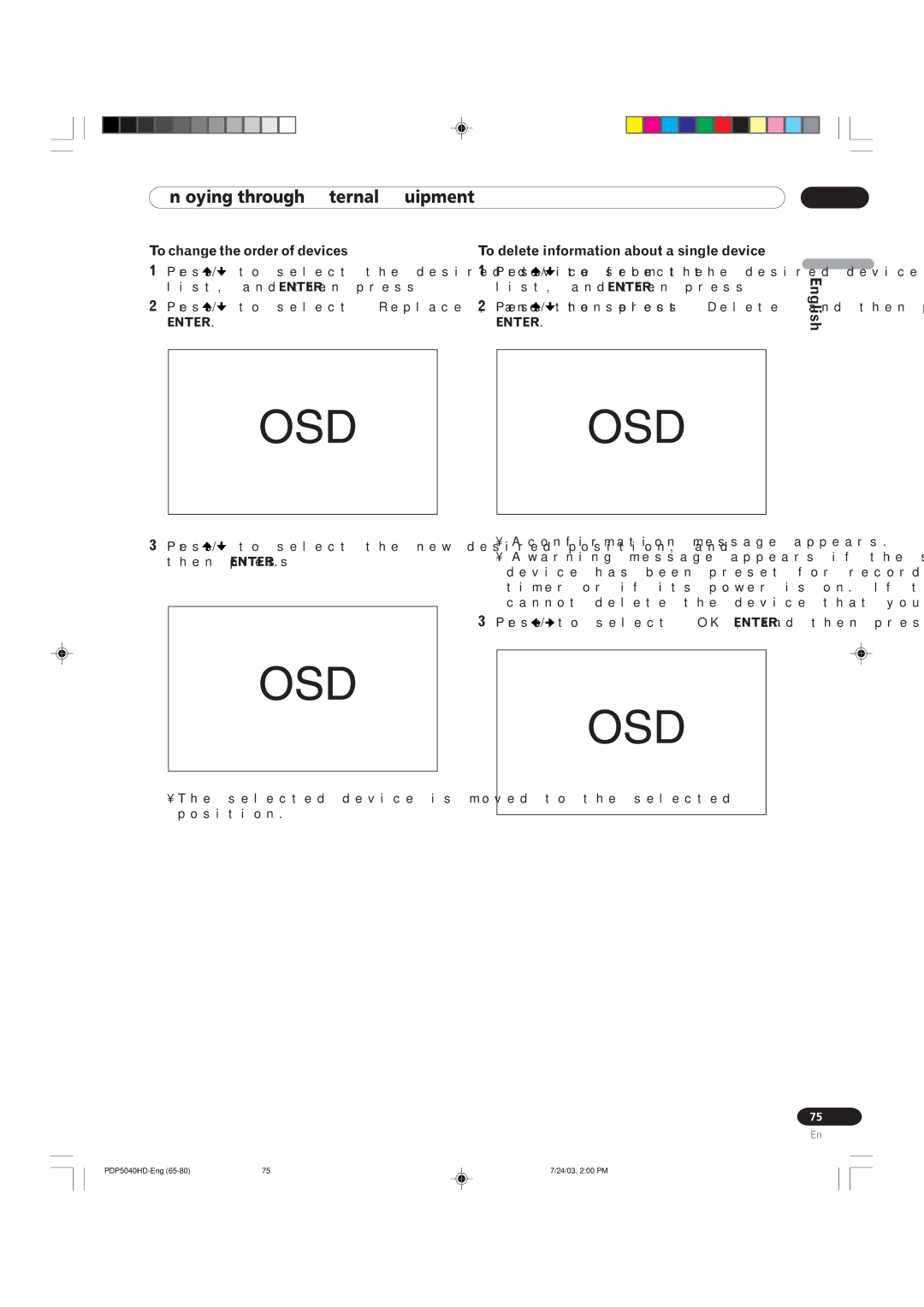 Pioneer PDP 4340HD, PDP 5040HD manual To change the order of devices, To delete information about a single device 