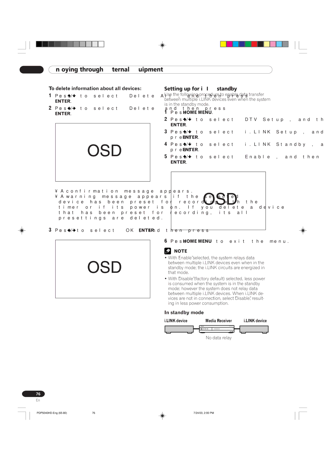 Pioneer PDP 5040HD Setting up for i.LINK standby, To delete information about all devices, Standby mode, No data relay 