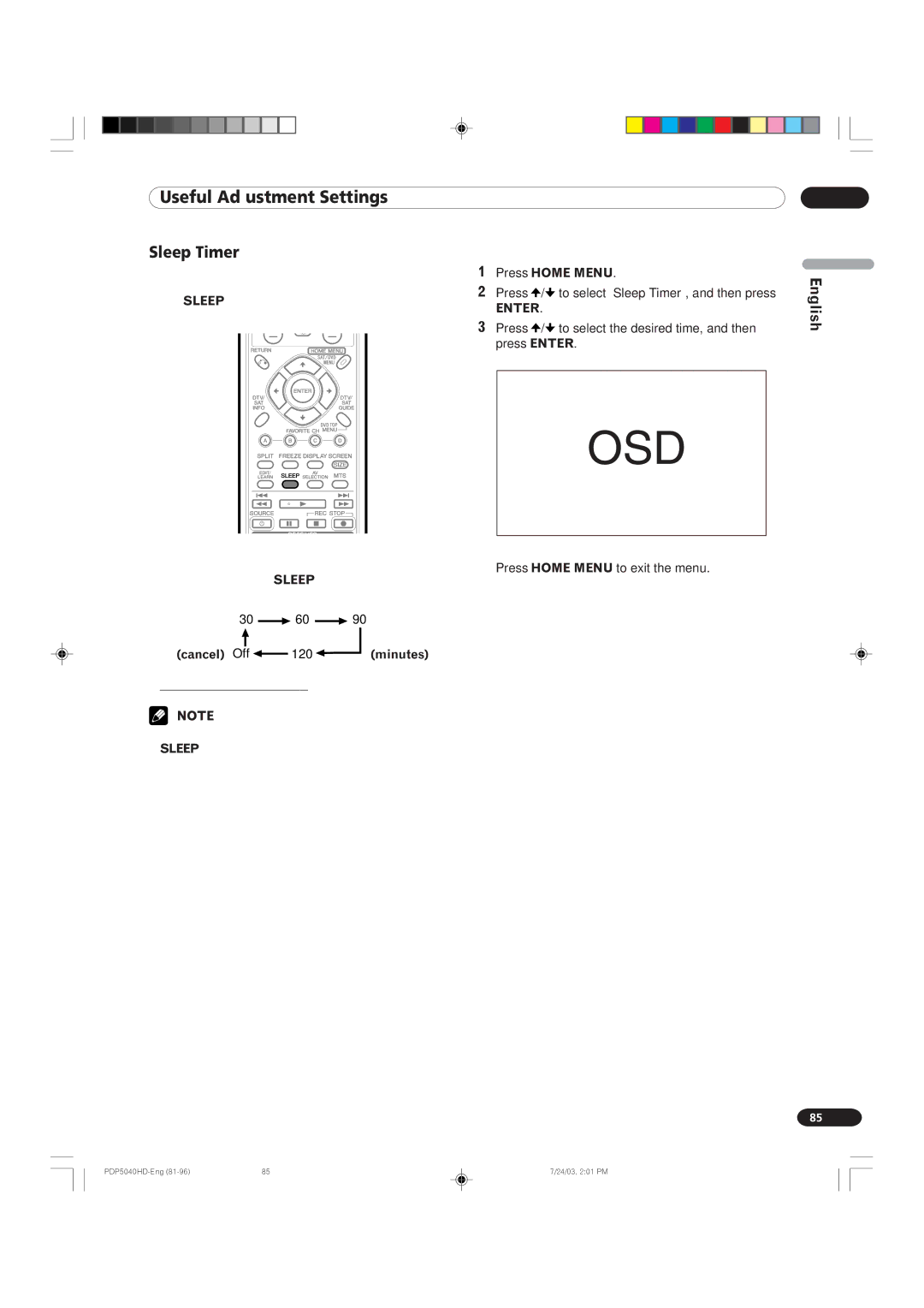 Pioneer PDP 4340HD, PDP 5040HD manual Sleep Timer, Cancel Off 120 Minutes 