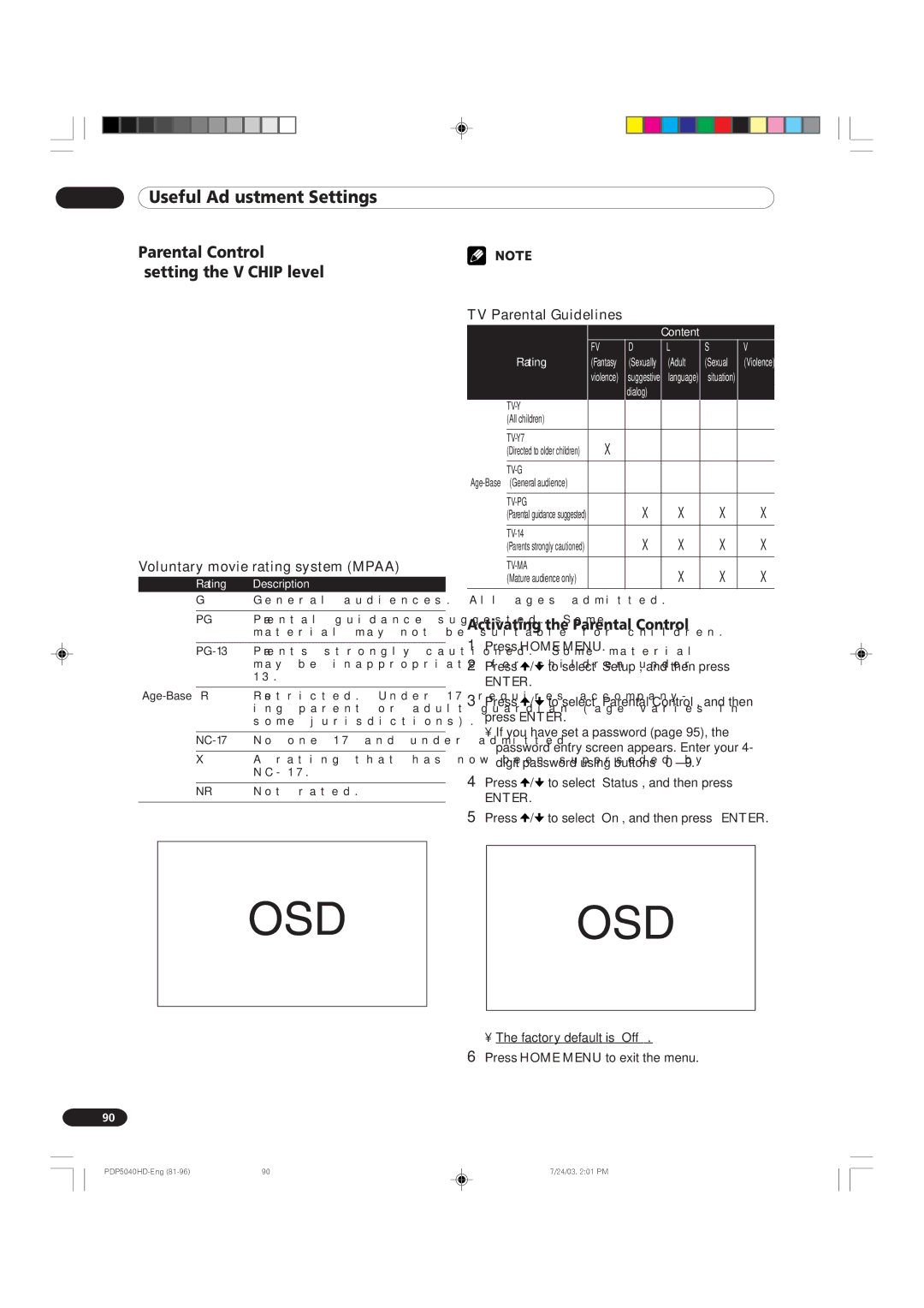 Pioneer PDP 5040HD Parental Control setting the V-CHIP level, Activating the Parental Control, TV Parental Guidelines 