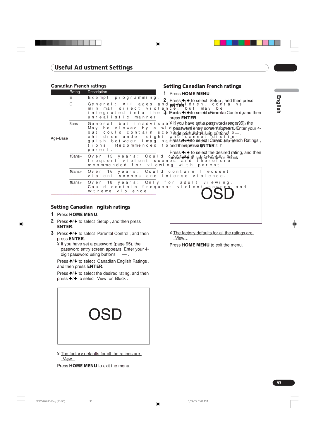 Pioneer PDP 4340HD, PDP 5040HD manual Setting Canadian French ratings, English Setting Canadian English ratings 