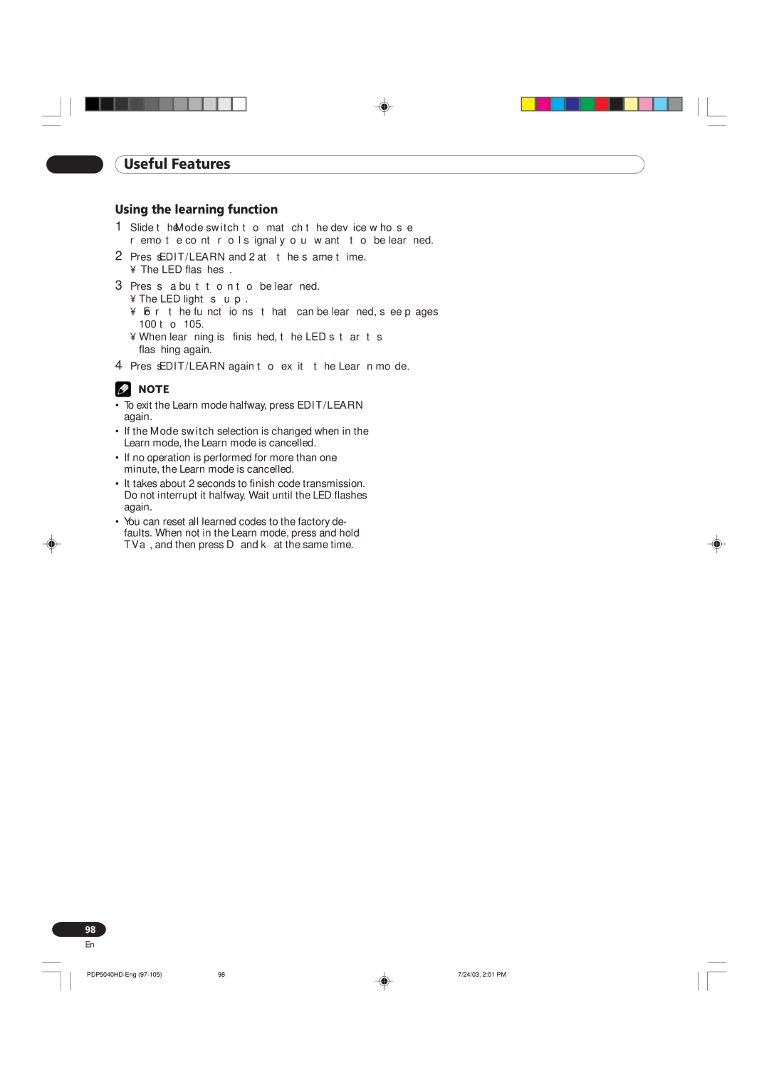 Pioneer PDP 5040HD, PDP 4340HD manual Using the learning function 