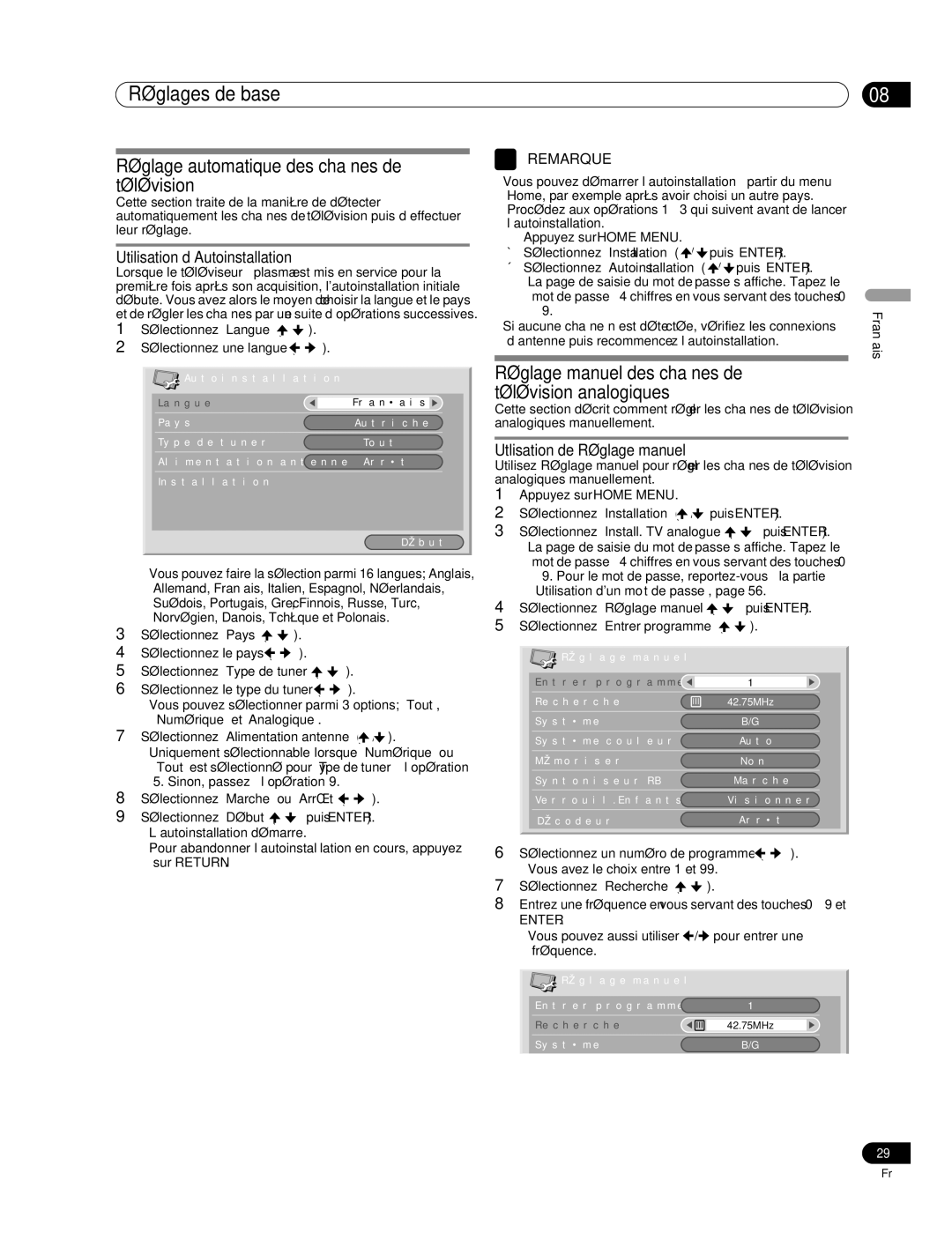 Pioneer PDP-507XD manual Réglages de base, Réglage automatique des chaînes de télévision, Utilisation d’Autoinstallation 