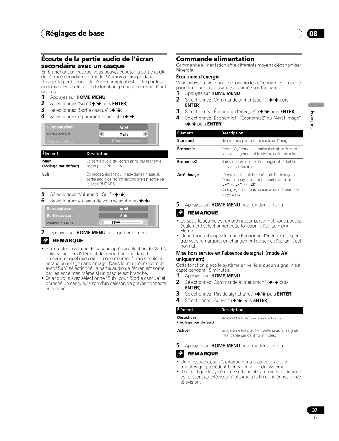 Pioneer PDP-507XD Commande alimentation, Économie d’énergie, Mise hors service en l’absence de signal mode AV uniquement 