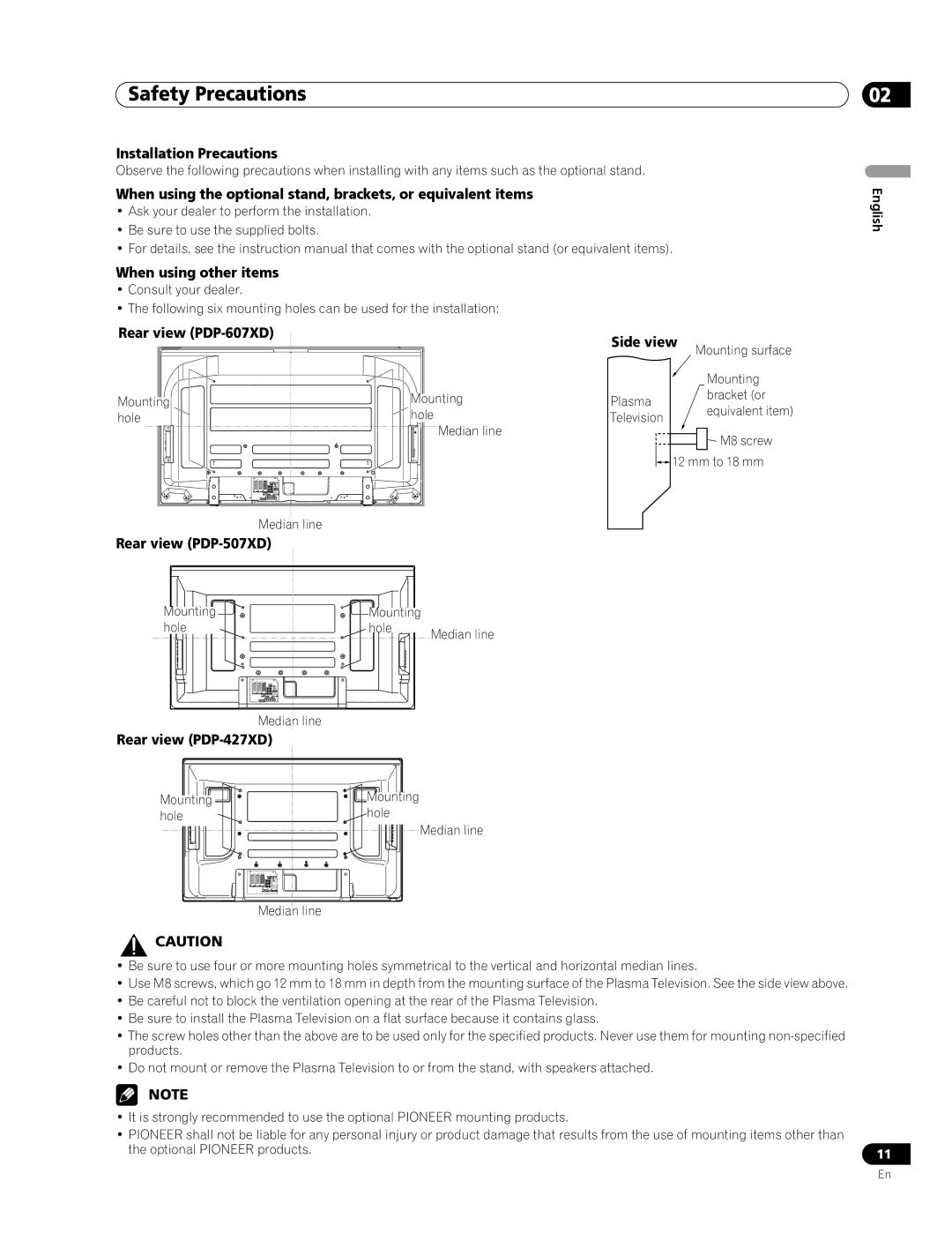 Pioneer manual Installation Precautions, When using other items, Rear view PDP-607XD Side view, Rear view PDP-507XD 