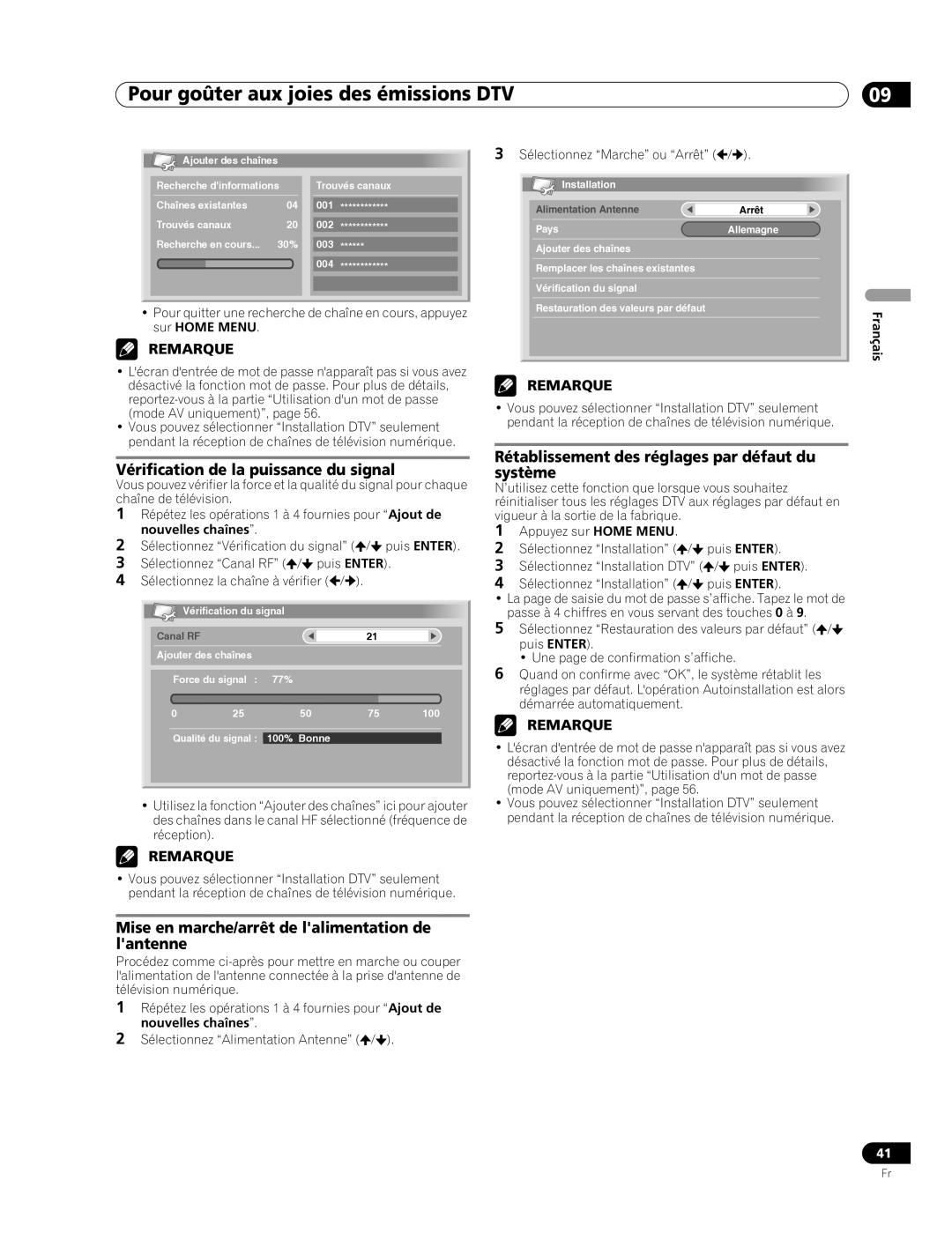 Pioneer PDP-507XD manual Vérification de la puissance du signal, Rétablissement des réglages par défaut du système 