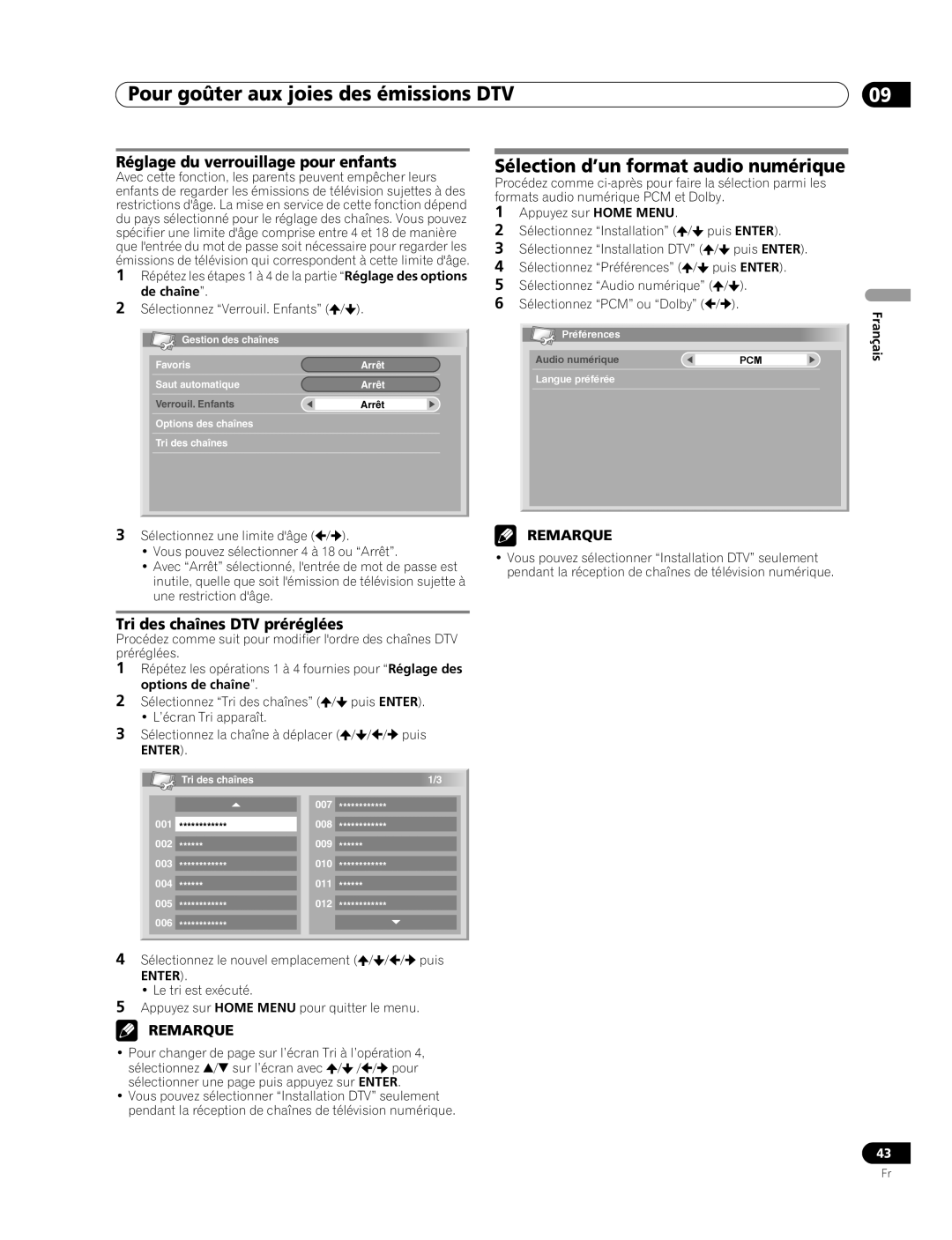 Pioneer PDP-507XD manual Sélection d’un format audio numérique, Réglage du verrouillage pour enfants 