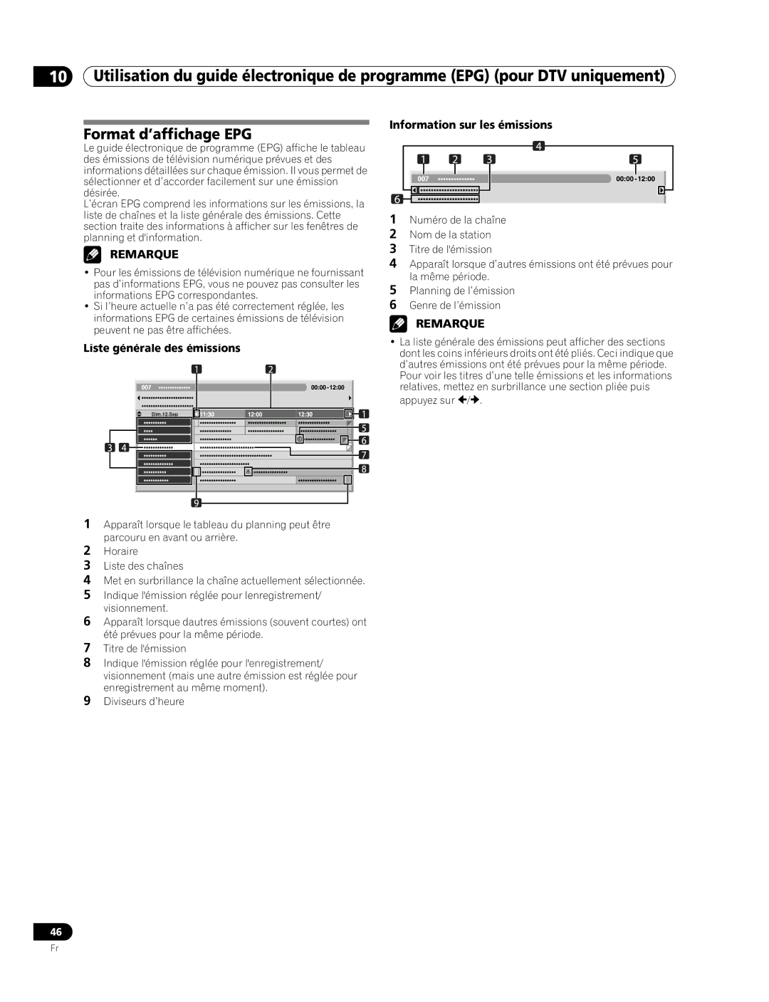 Pioneer PDP-507XD manual Format d’affichage EPG, Information sur les émissions, Liste générale des émissions 