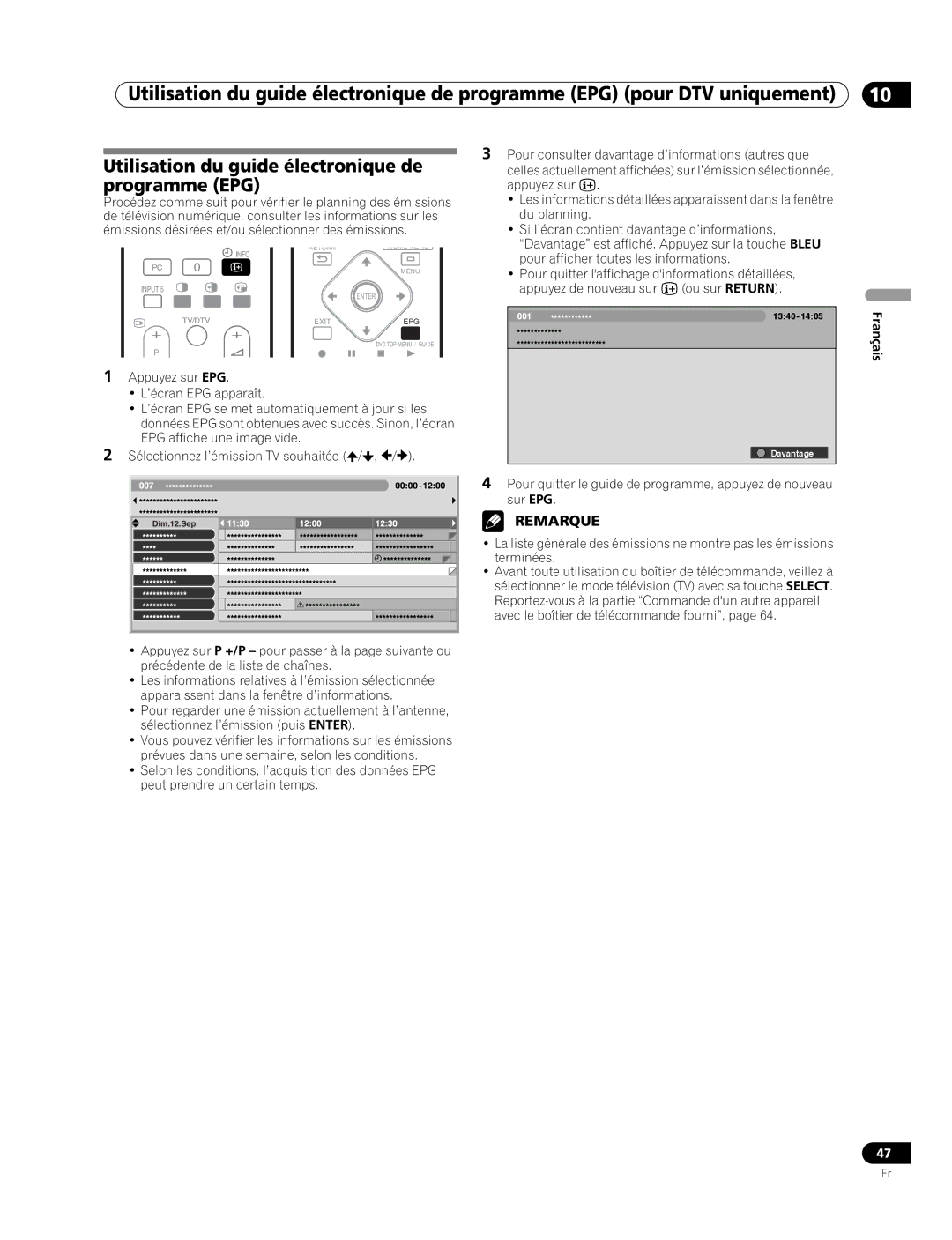 Pioneer PDP-507XD manual Utilisation du guide électronique de programme EPG 