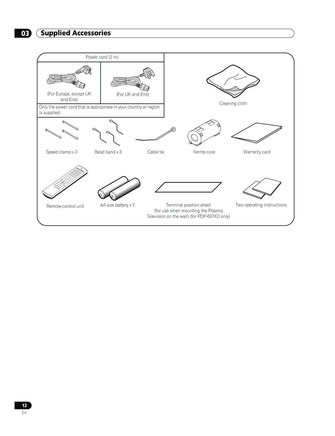 Pioneer PDP-507XD Supplied Accessories, Power cord 2 m For Europe, except UK For UK and Eire, Cleaning cloth Ferrite core 