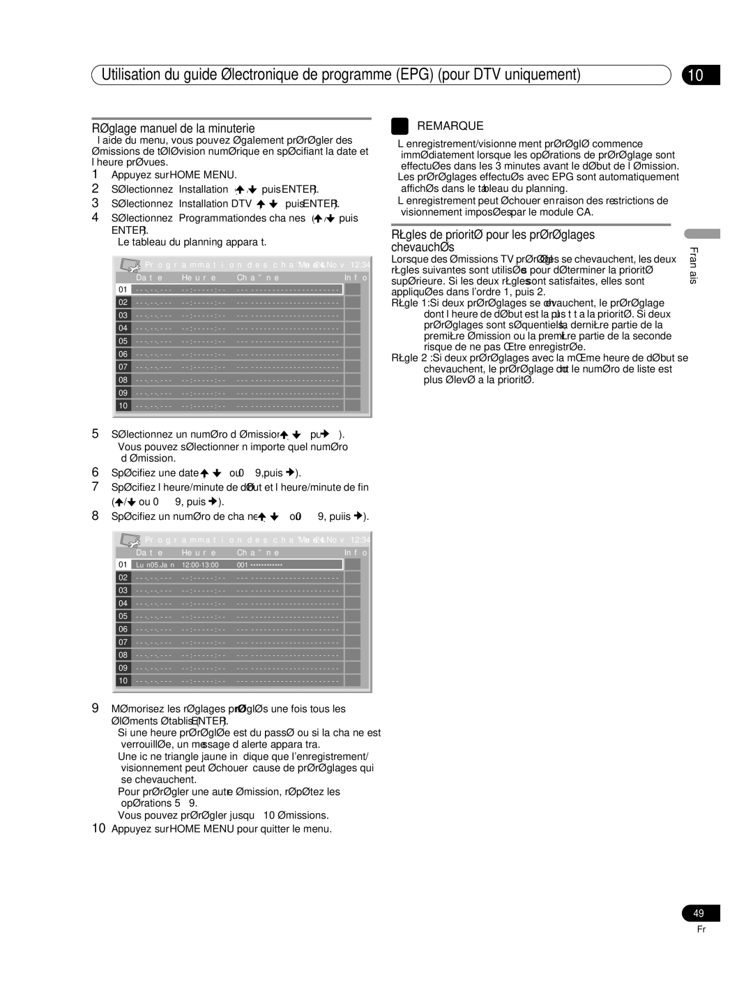 Pioneer PDP-507XD manual Réglage manuel de la minuterie, Règles de priorité pour les préréglages chevauchés 