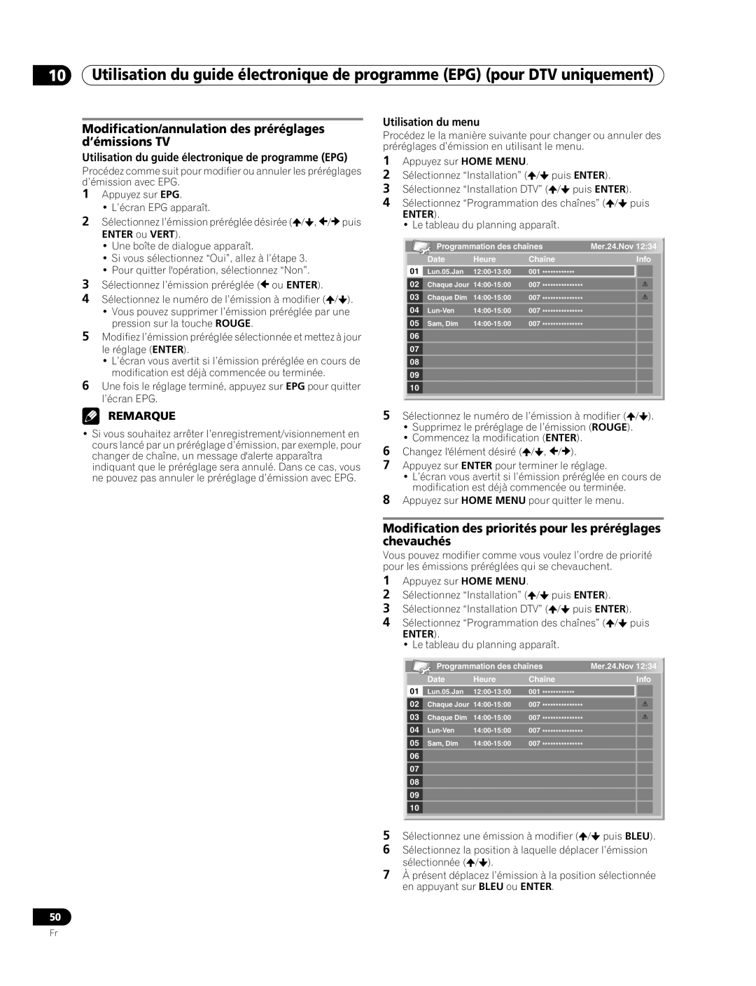 Pioneer PDP-507XD manual Modification/annulation des préréglages d’émissions TV, Utilisation du menu 