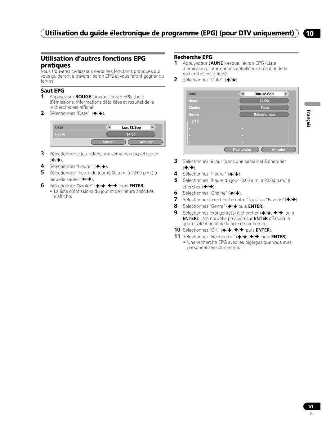 Pioneer PDP-507XD manual Utilisation d’autres fonctions EPG pratiques, Saut EPG, Recherche EPG 