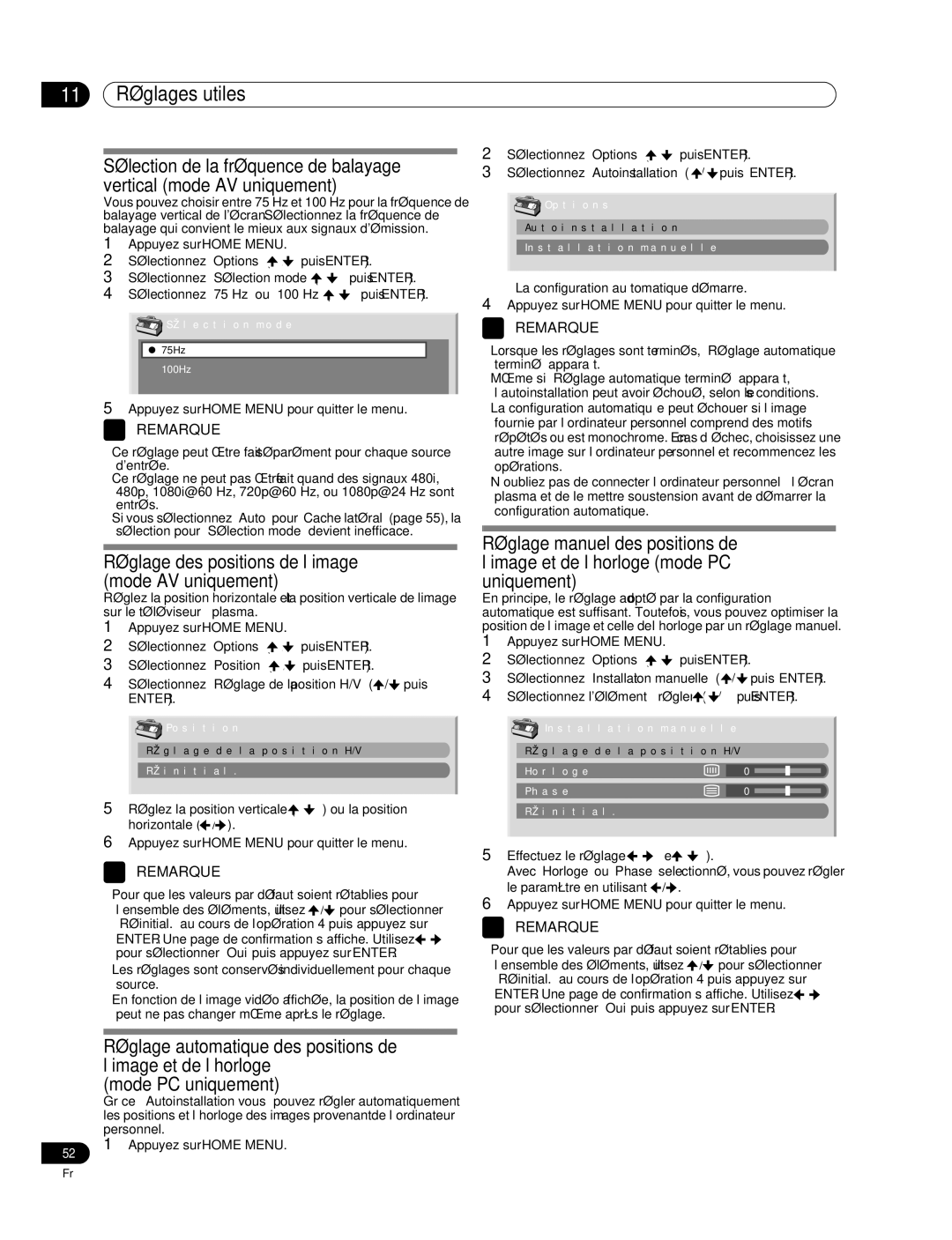 Pioneer PDP-507XD manual 11 Réglages utiles, Réglage des positions de l’image mode AV uniquement 