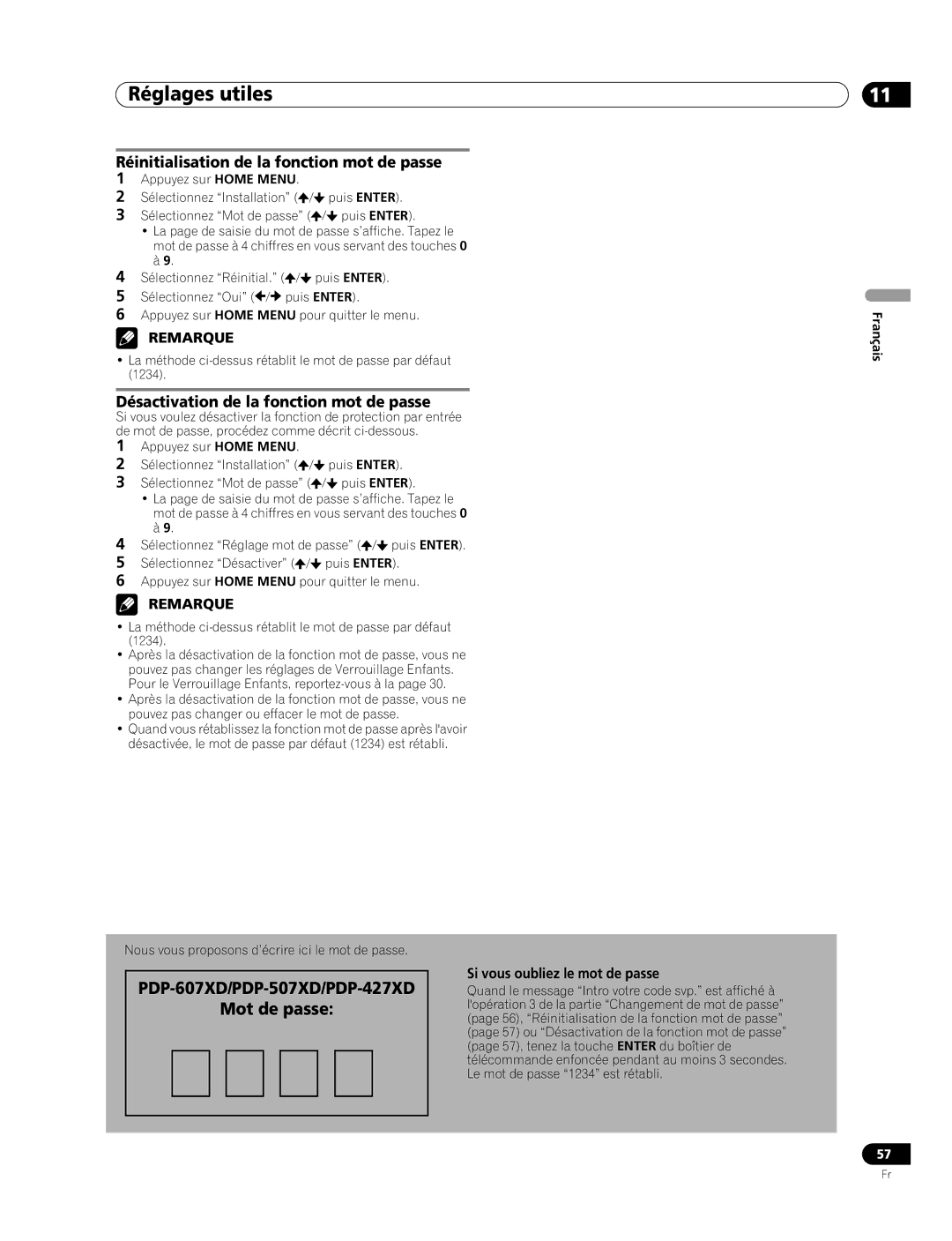 Pioneer PDP-507XD manual Réinitialisation de la fonction mot de passe, Désactivation de la fonction mot de passe 