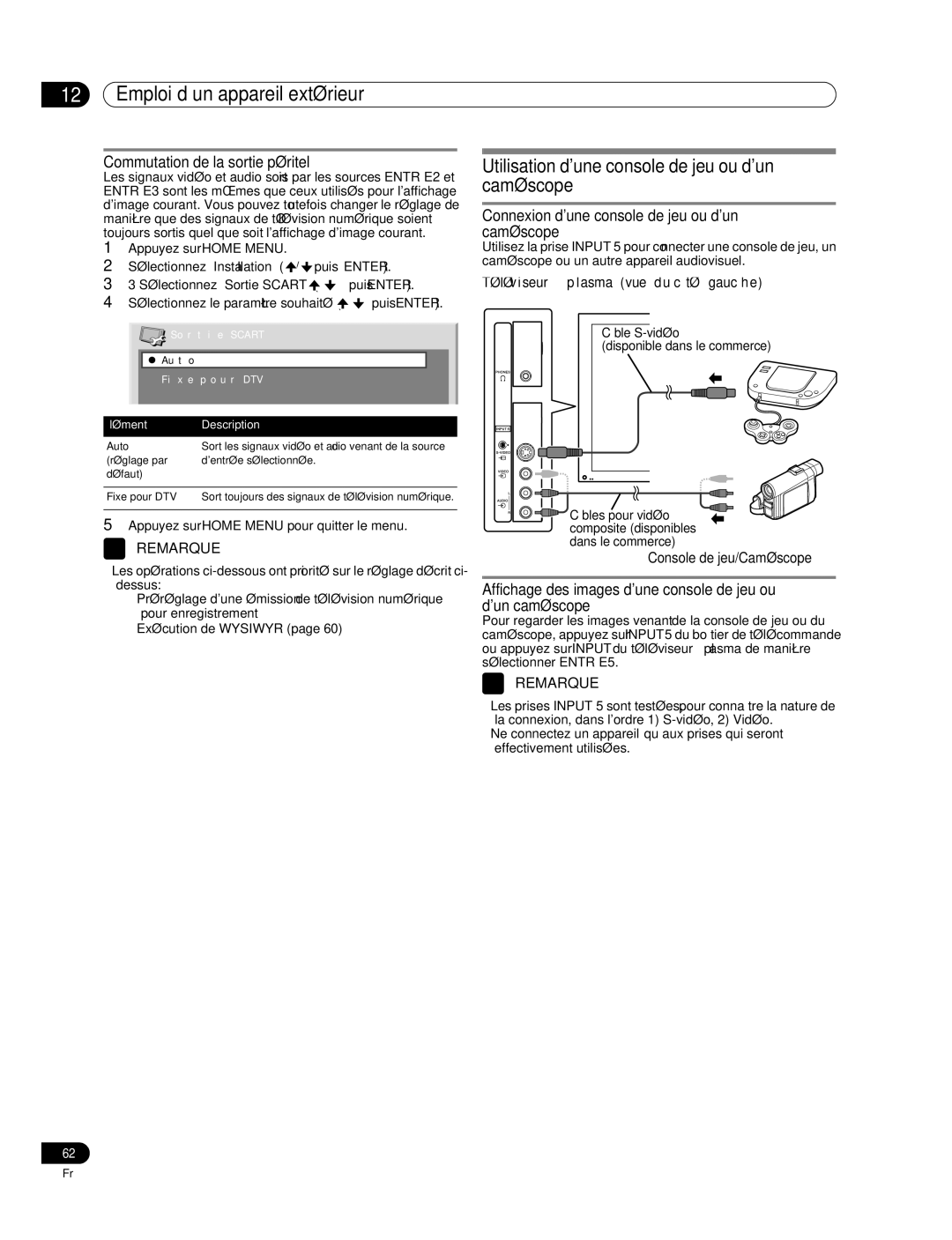 Pioneer PDP-507XD manual Utilisation dune console de jeu ou dun caméscope, Commutation de la sortie péritel 