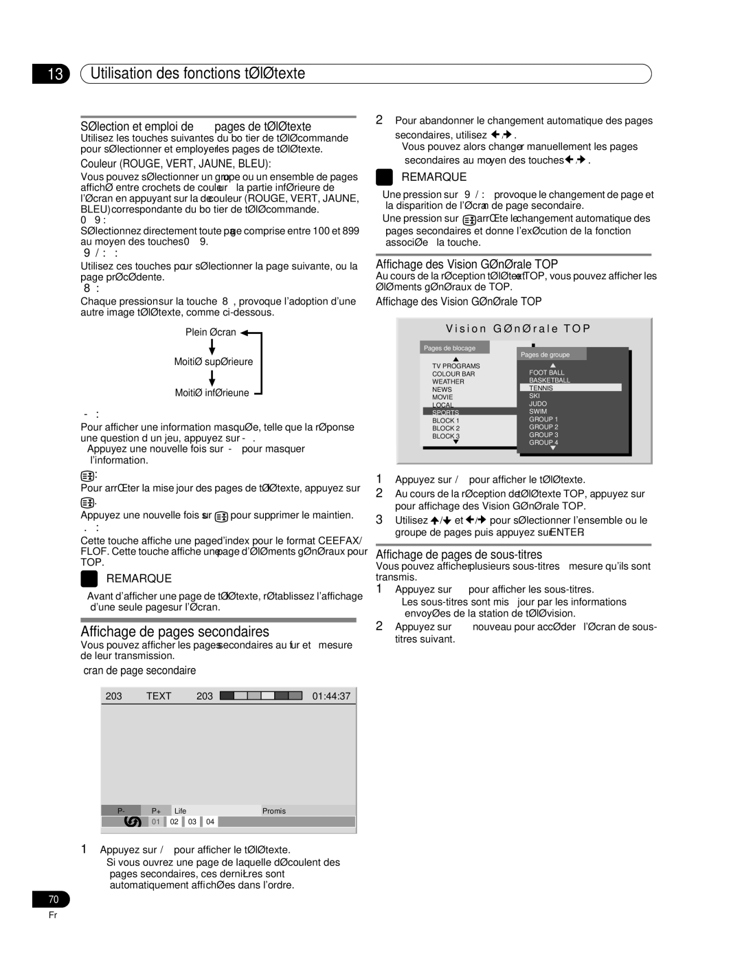 Pioneer PDP-507XD manual Affichage de pages secondaires, Sélection et emploi de pages de télétexte 