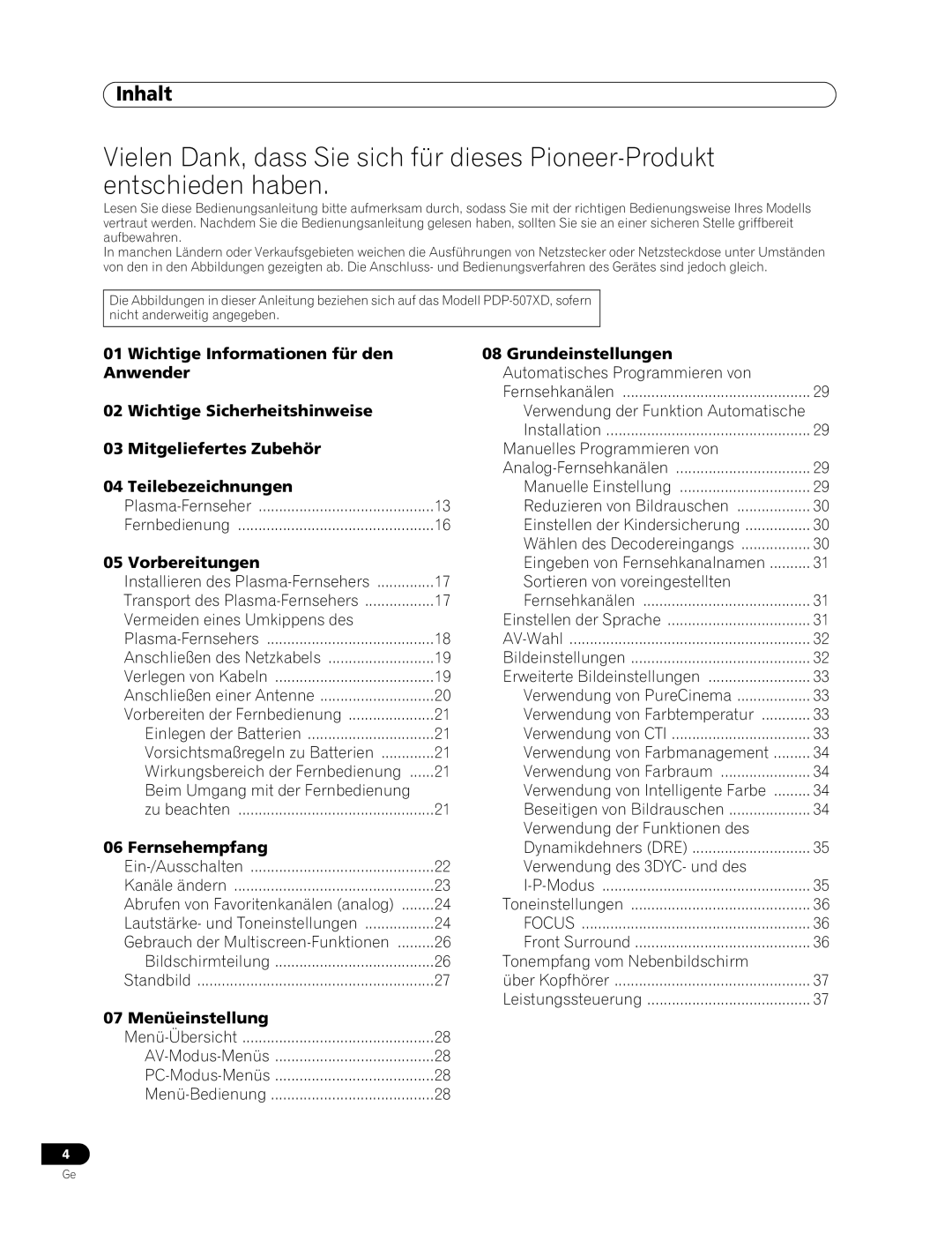 Pioneer PDP-507XD manual Inhalt, Vorbereitungen, Fernsehempfang, 07 Menüeinstellung, Grundeinstellungen 