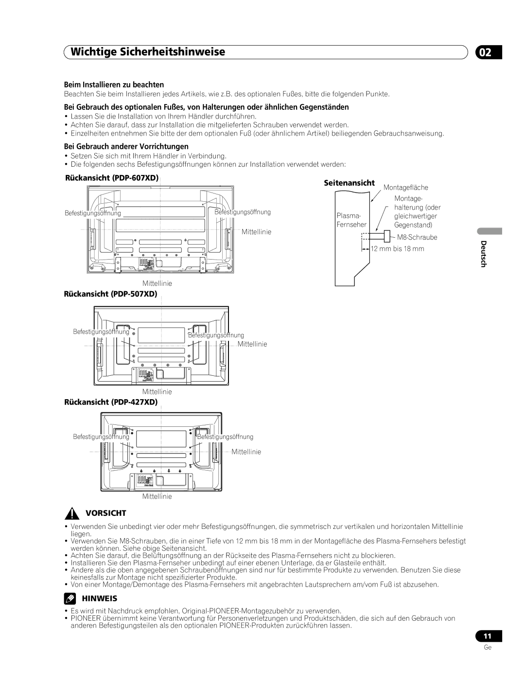 Pioneer PDP-507XD Beim Installieren zu beachten, Bei Gebrauch anderer Vorrichtungen, Rückansicht PDP-607XD Seitenansicht 