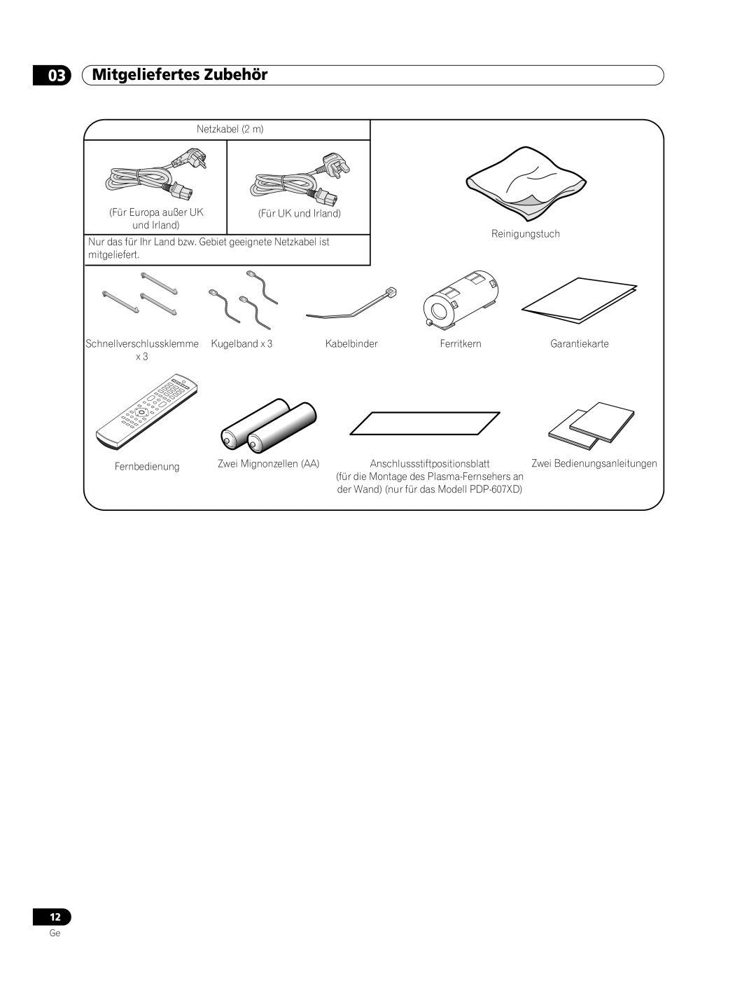 Pioneer PDP-507XD manual Mitgeliefertes Zubehör, Netzkabel 2 m Für Europa außer UK Für UK und Irland 