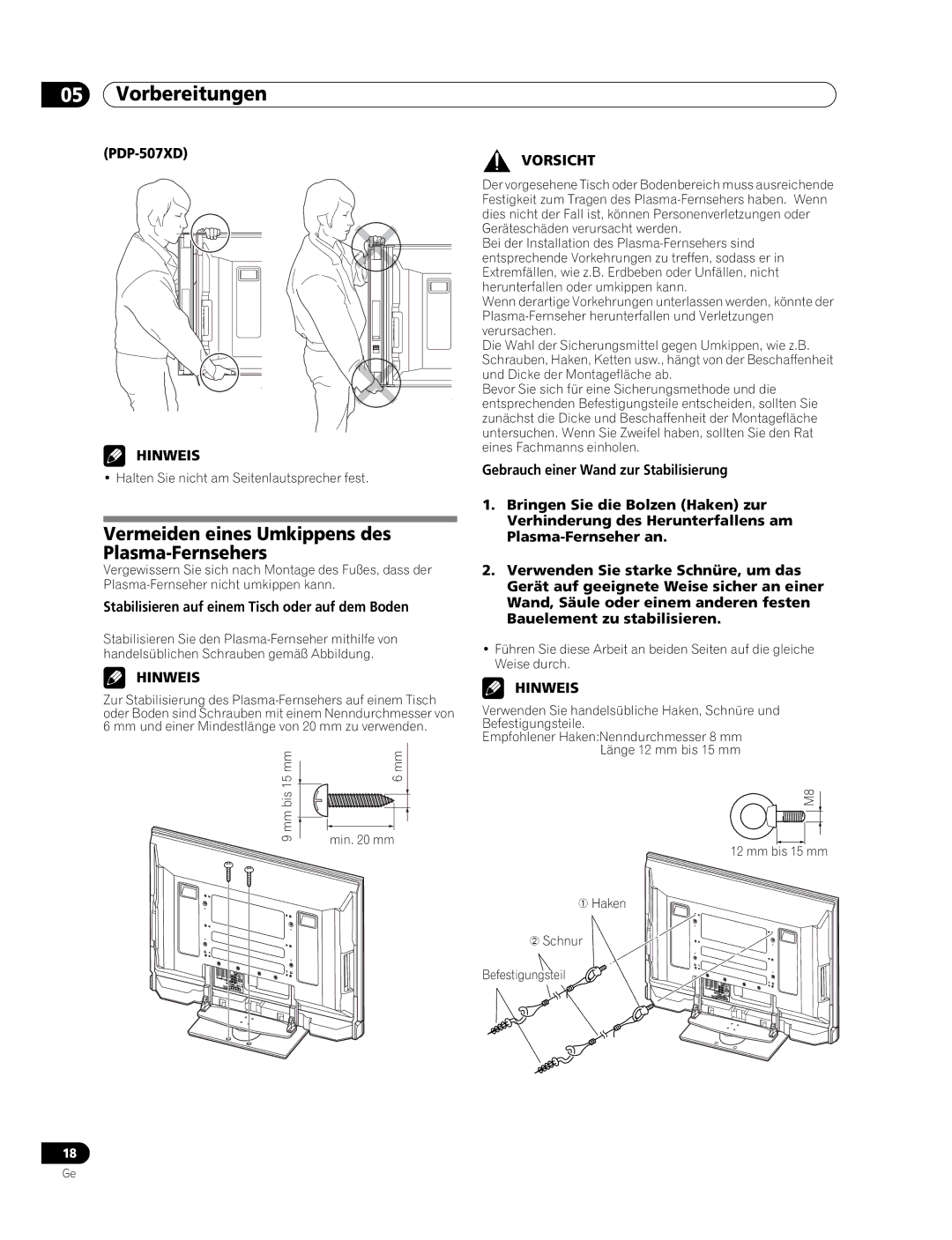 Pioneer PDP-507XD manual Vermeiden eines Umkippens des Plasma-Fernsehers, Stabilisieren auf einem Tisch oder auf dem Boden 