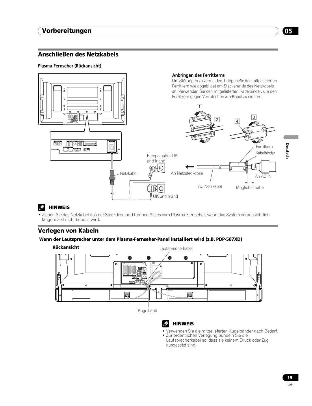 Pioneer PDP-507XD Anschließen des Netzkabels, Verlegen von Kabeln, Plasma-Fernseher Rückansicht Anbringen des Ferritkerns 