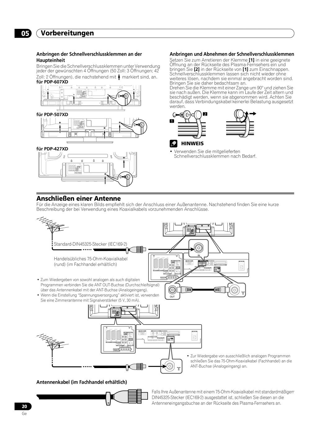 Pioneer PDP-507XD manual Anschließen einer Antenne, Anbringen der Schnellverschlussklemmen an der Haupteinheit 