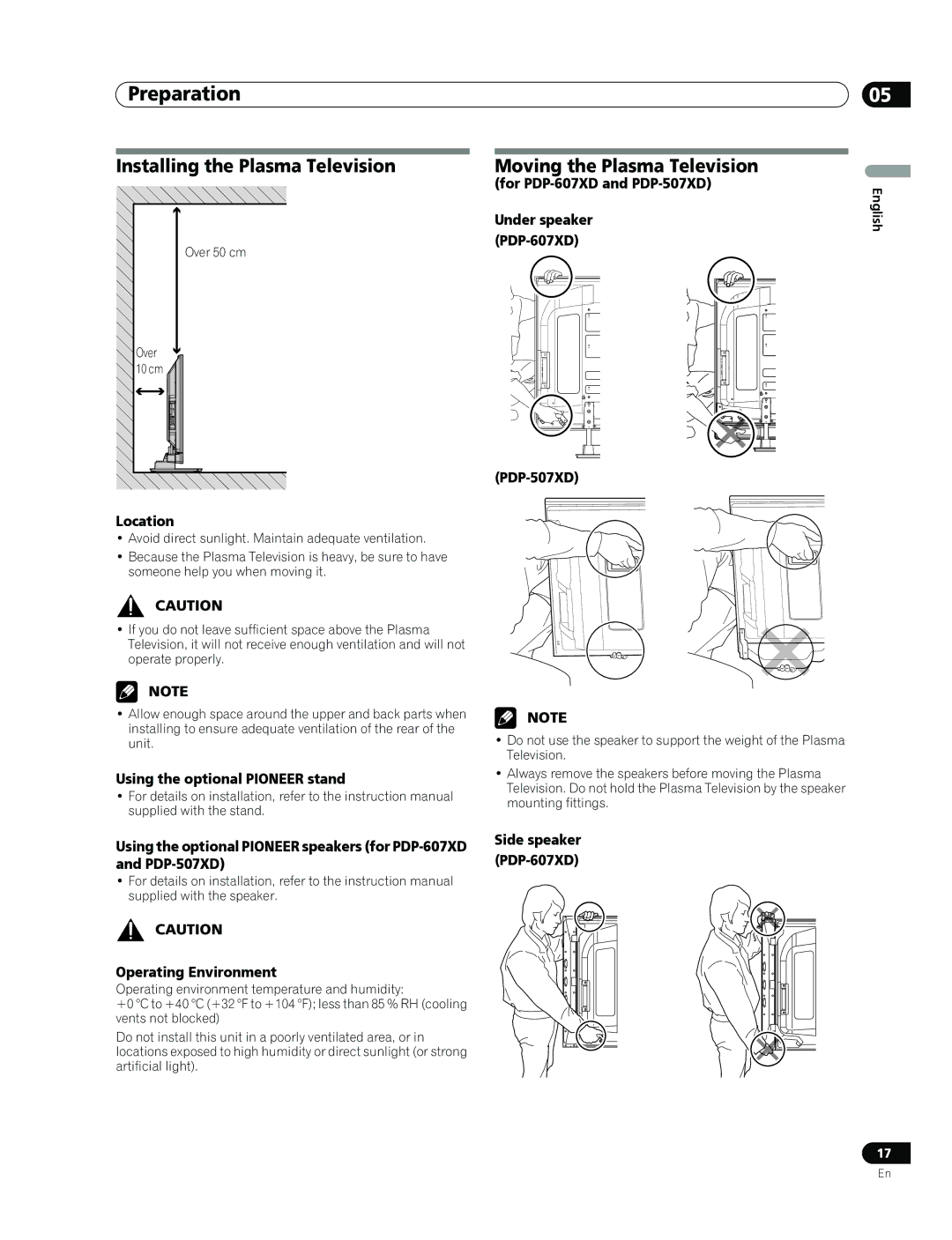 Pioneer PDP-507XD manual Preparation, Installing the Plasma Television, Moving the Plasma Television 