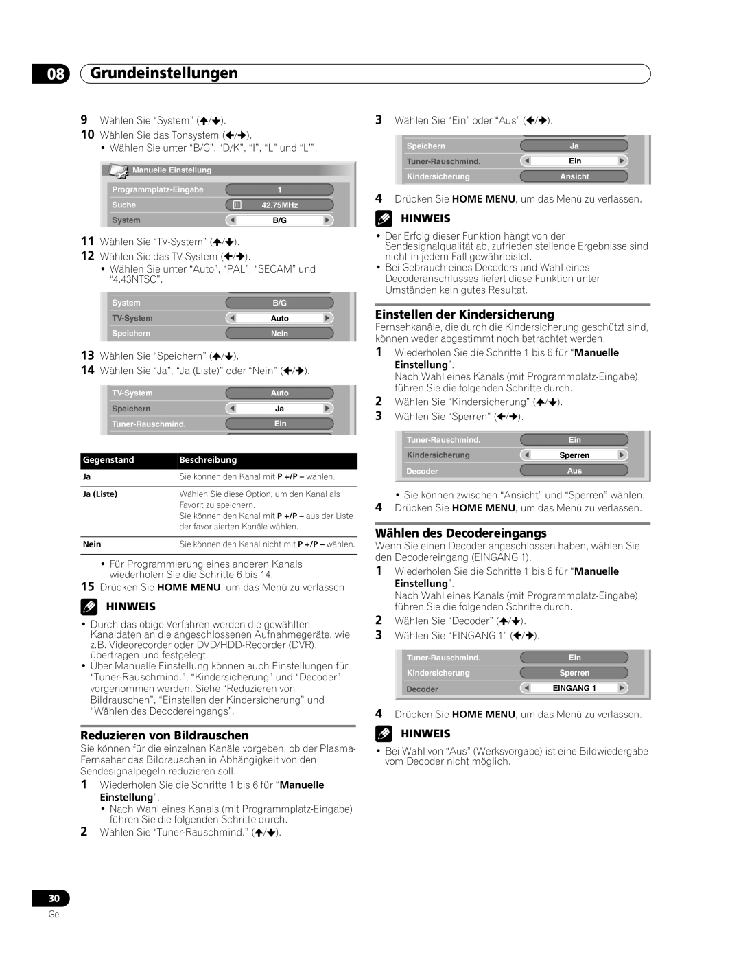 Pioneer PDP-507XD manual Reduzieren von Bildrauschen, Einstellen der Kindersicherung, Wählen des Decodereingangs 