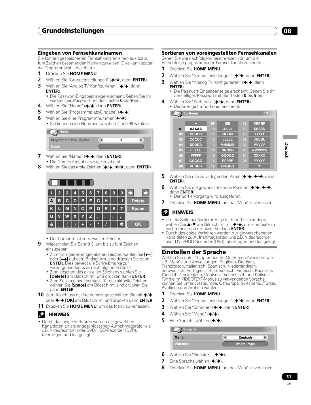 Pioneer PDP-507XD manual Eingeben von Fernsehkanalnamen, Sortieren von voreingestellten Fernsehkanälen 