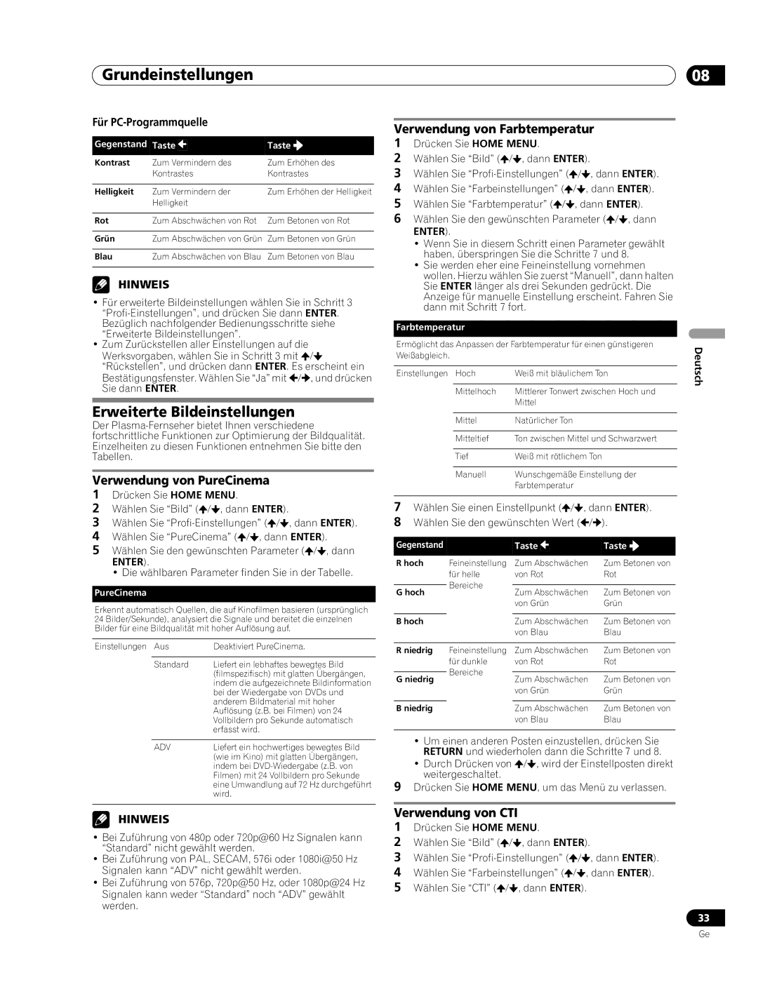 Pioneer PDP-507XD manual Erweiterte Bildeinstellungen, Verwendung von PureCinema, Verwendung von Farbtemperatur 